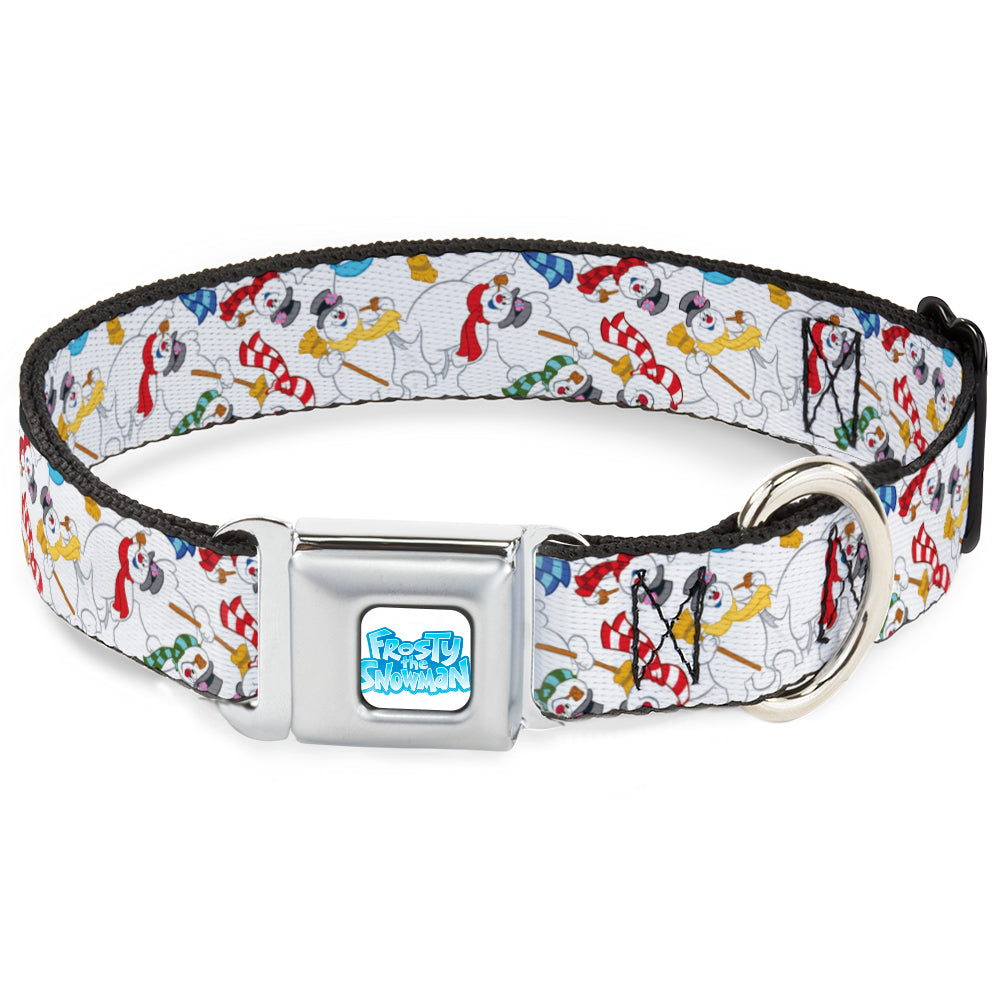 FROSTY THE SNOWMAN Logo Full Color White/Blues Seatbelt Buckle Collar - Frosty the Snowman Pose Scattered White Seatbelt Buckle Collars Frosty the Snowman