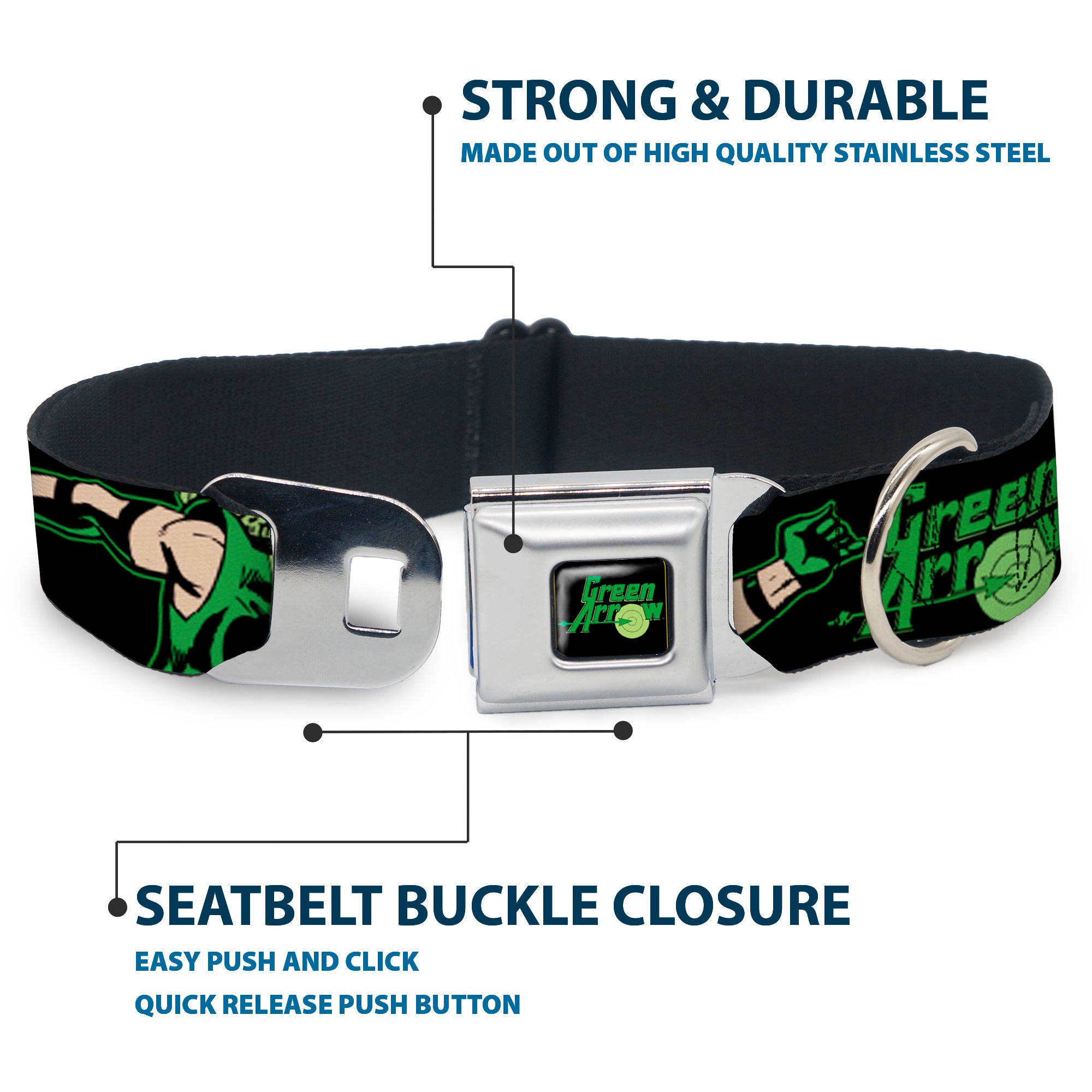 GREEN ARROW Logo Full Color Black Green Seatbelt Buckle Collar - GREEN ARROW Action Poses/Targets Black/Greens Seatbelt Buckle Collars DC Comics