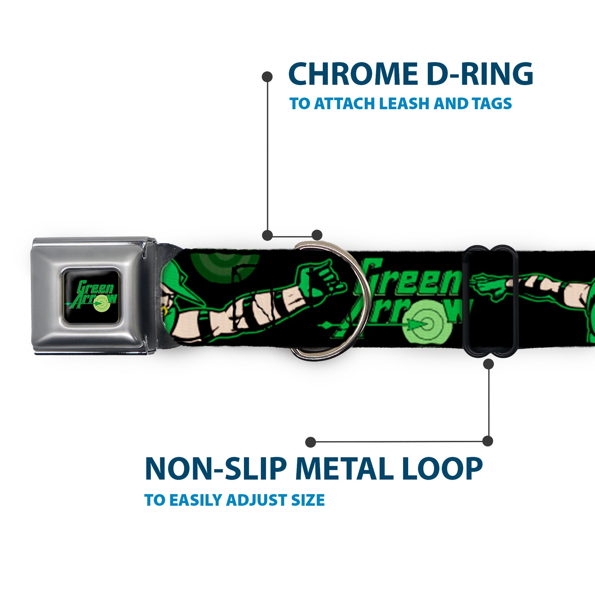 GREEN ARROW Logo Full Color Black Green Seatbelt Buckle Collar - GREEN ARROW Action Poses/Targets Black/Greens Seatbelt Buckle Collars DC Comics