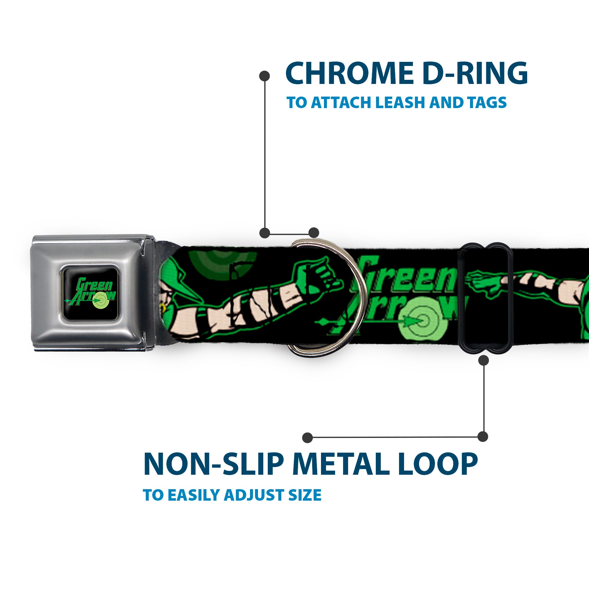 GREEN ARROW Logo Full Color Black Green Seatbelt Buckle Collar - GREEN ARROW Action Poses/Targets Black/Greens Seatbelt Buckle Collars DC Comics
