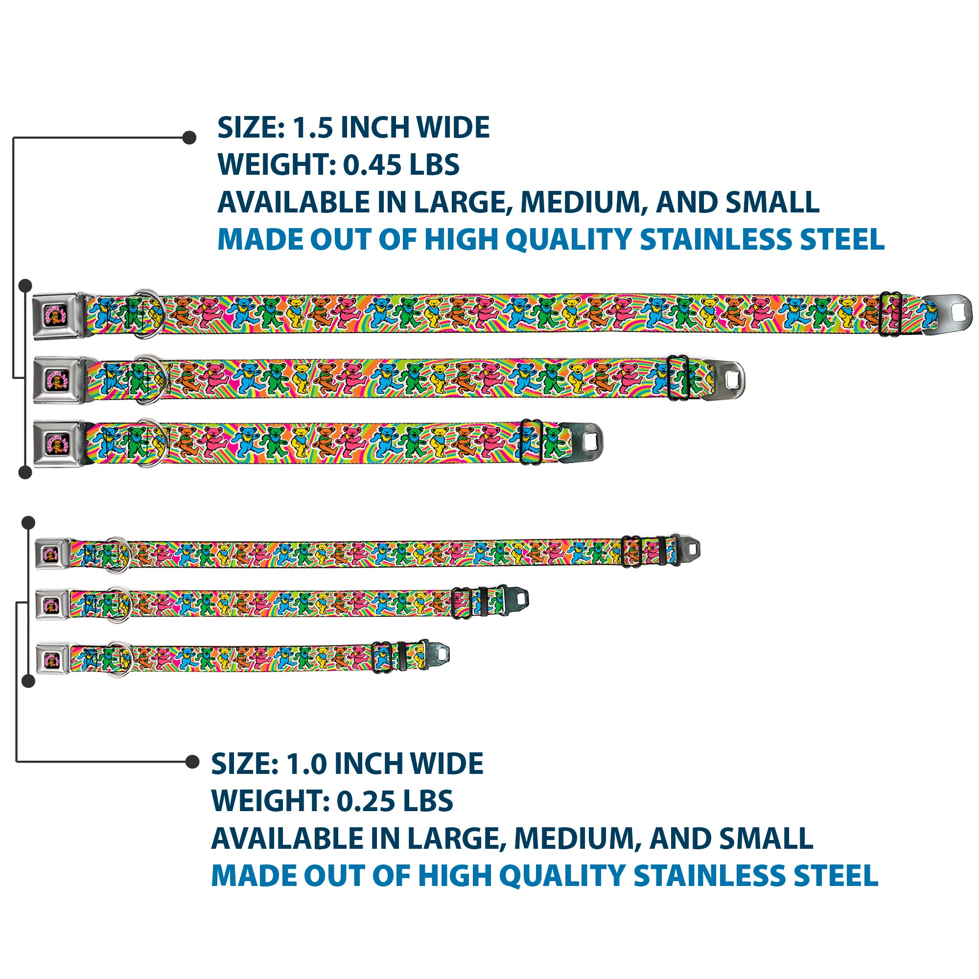 GRATEFUL DEAD Dancing Bear Icon Full Color Black/Orange Seatbelt Buckle Collar - Grateful Dead Dancing Bears Swirl Multi Color Seatbelt Buckle Collars Grateful Dead