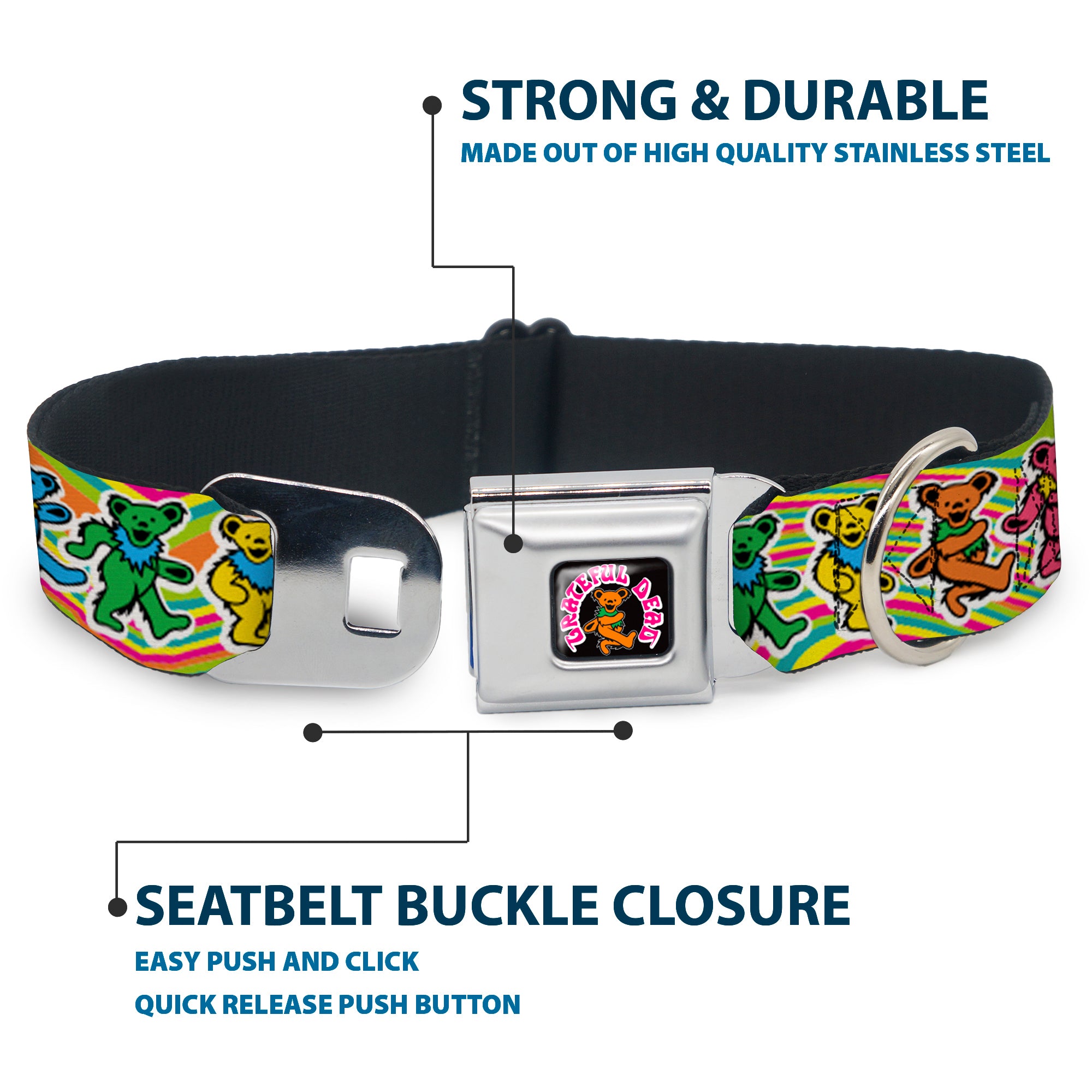 GRATEFUL DEAD Dancing Bear Icon Full Color Black/Orange Seatbelt Buckle Collar - Grateful Dead Dancing Bears Swirl Multi Color Seatbelt Buckle Collars Grateful Dead