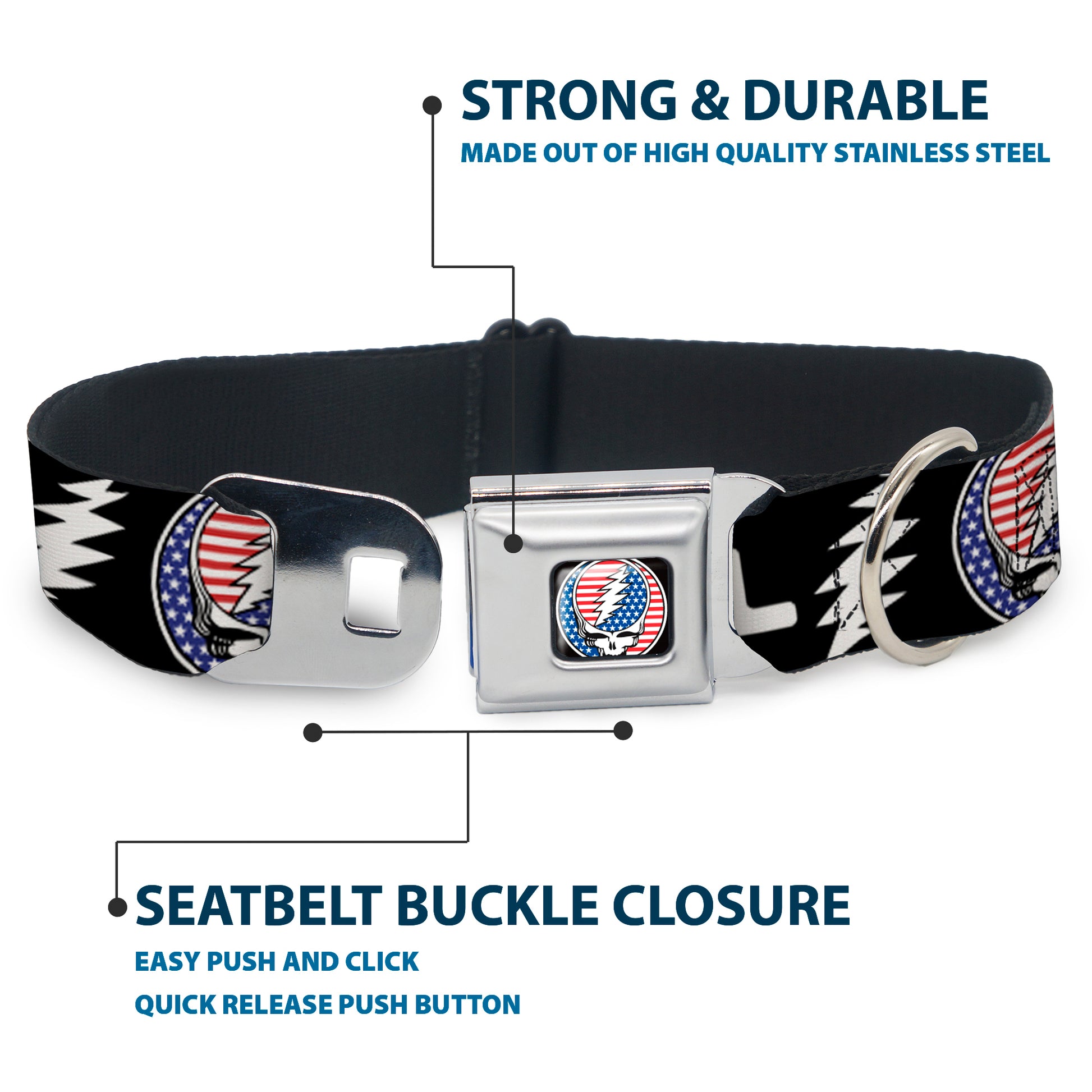 Grateful Dead Steal Your Face Stars and Stripes Logo Full Color Black/White/Red/Blue Seatbelt Buckle Collar - GRATEFUL DEAD Text with Steal Your Face Stars and Stripes Logo Black/White/Red/Blue Seatbelt Buckle Collars Grateful Dead