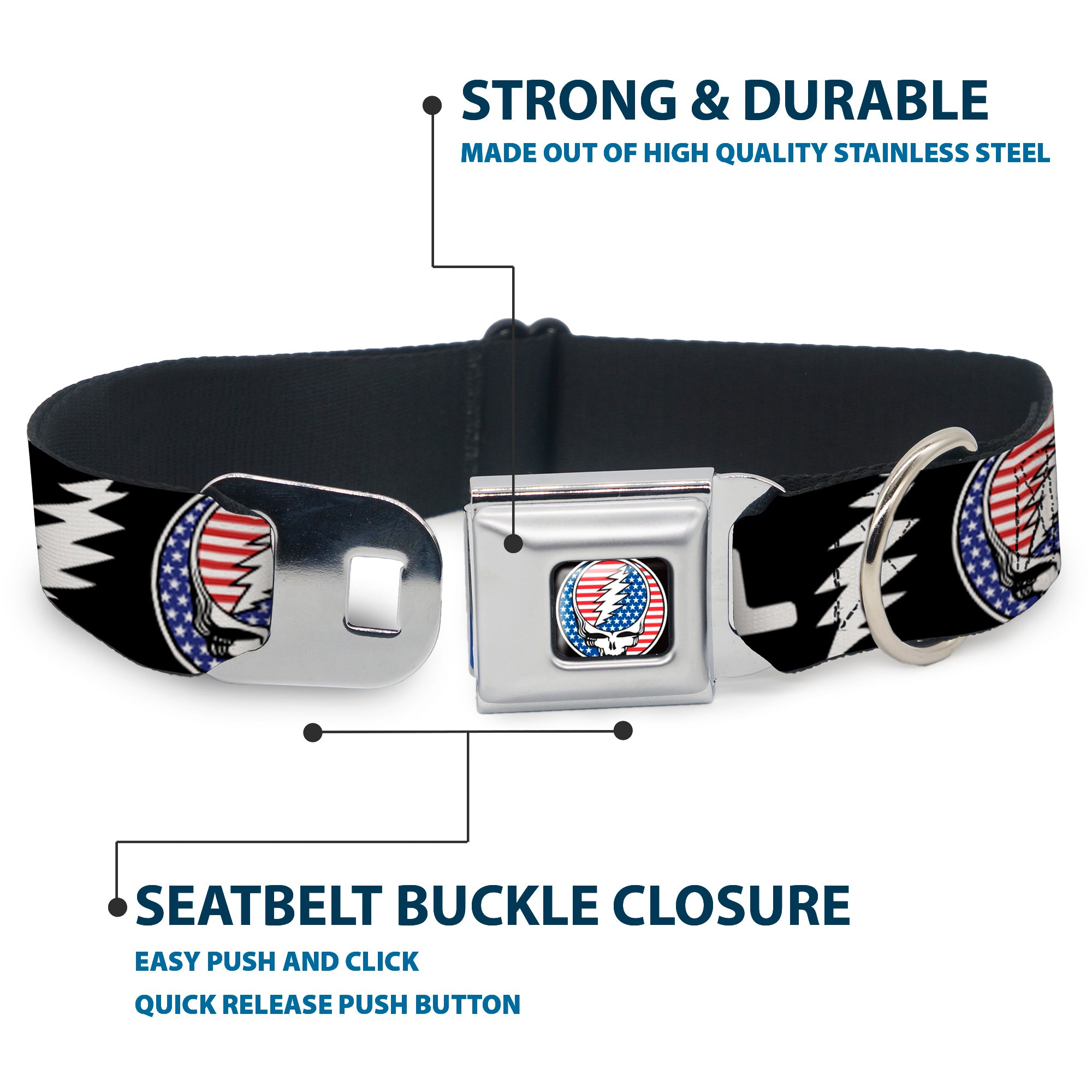 Grateful Dead Steal Your Face Stars and Stripes Logo Full Color Black/White/Red/Blue Seatbelt Buckle Collar - GRATEFUL DEAD Text with Steal Your Face Stars and Stripes Logo Black/White/Red/Blue Seatbelt Buckle Collars Grateful Dead