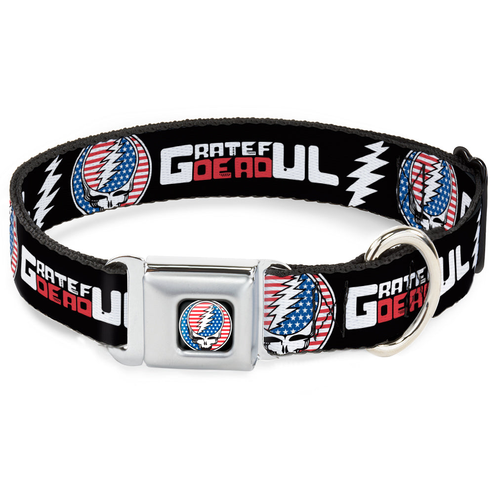 Grateful Dead Steal Your Face Stars and Stripes Logo Full Color Black/White/Red/Blue Seatbelt Buckle Collar - GRATEFUL DEAD Text with Steal Your Face Stars and Stripes Logo Black/White/Red/Blue Seatbelt Buckle Collars Grateful Dead