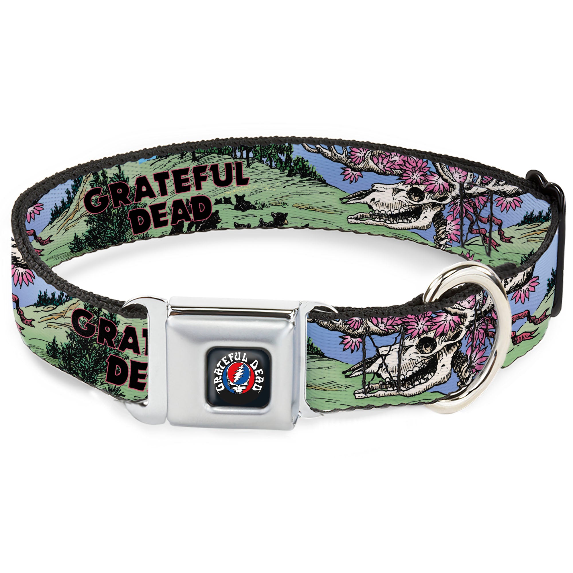 GRATEFUL DEAD Text with Steal Your Face Logo Full Color Black Seatbelt Buckle Collar - Grateful Dead Dave's Picks Volume Nine Montana Cover Art Seatbelt Buckle Collars Grateful Dead