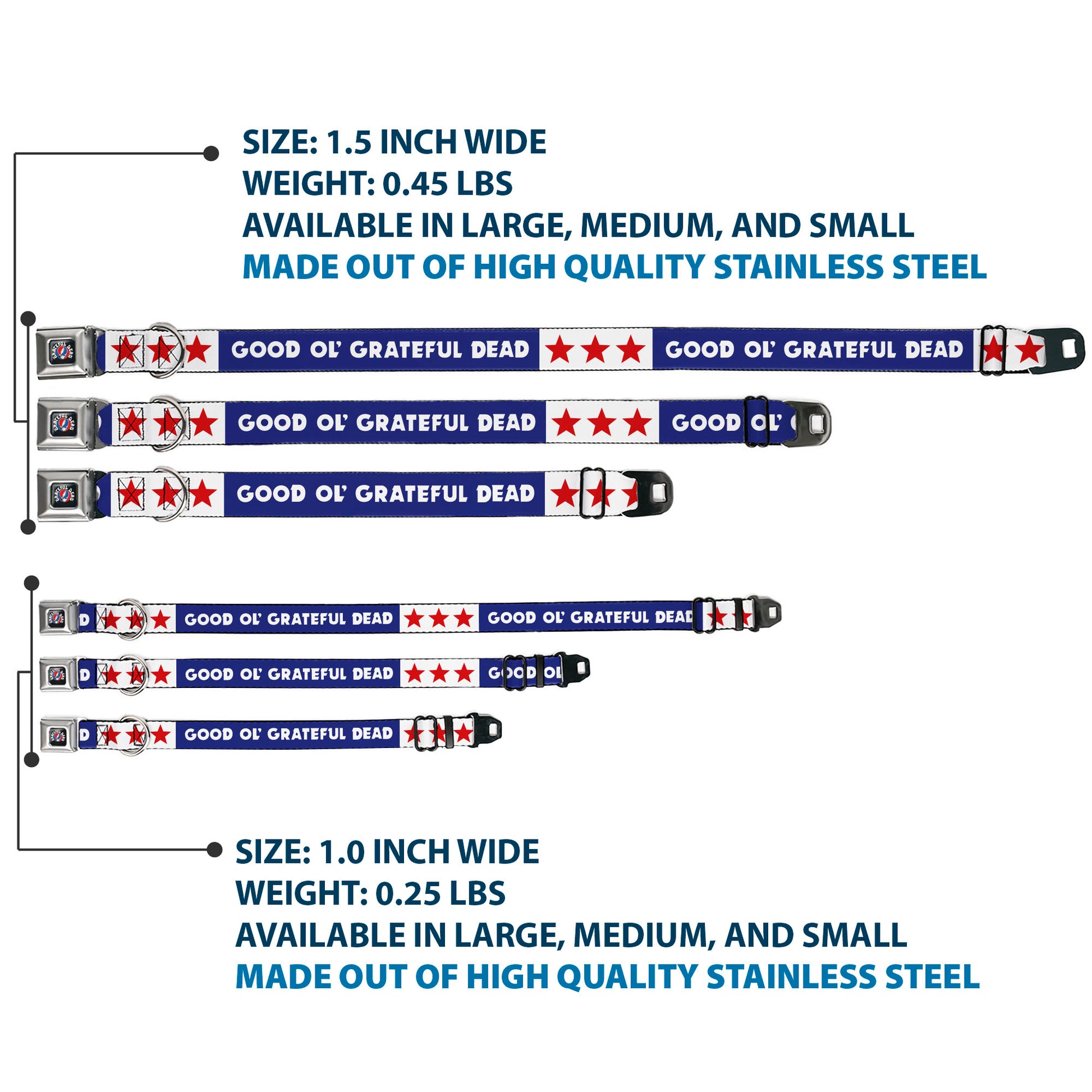 GRATEFUL DEAD Text with Steal Your Face Logo Full Color Black Seatbelt Buckle Collar - GOOD OL' GRATEFUL DEAD Text and Stars Blue/White/Red Seatbelt Buckle Collars Grateful Dead