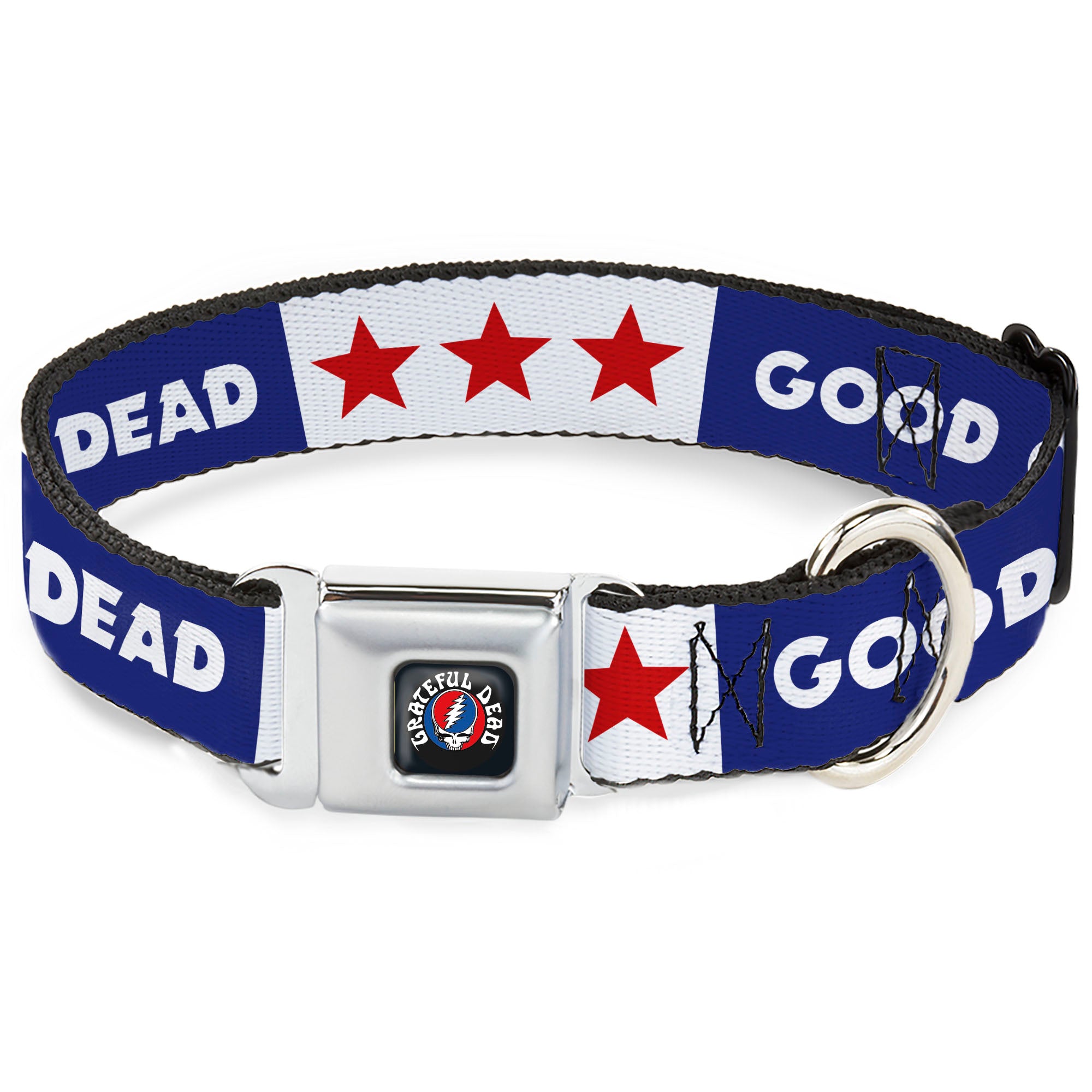 GRATEFUL DEAD Text with Steal Your Face Logo Full Color Black Seatbelt Buckle Collar - GOOD OL' GRATEFUL DEAD Text and Stars Blue/White/Red Seatbelt Buckle Collars Grateful Dead