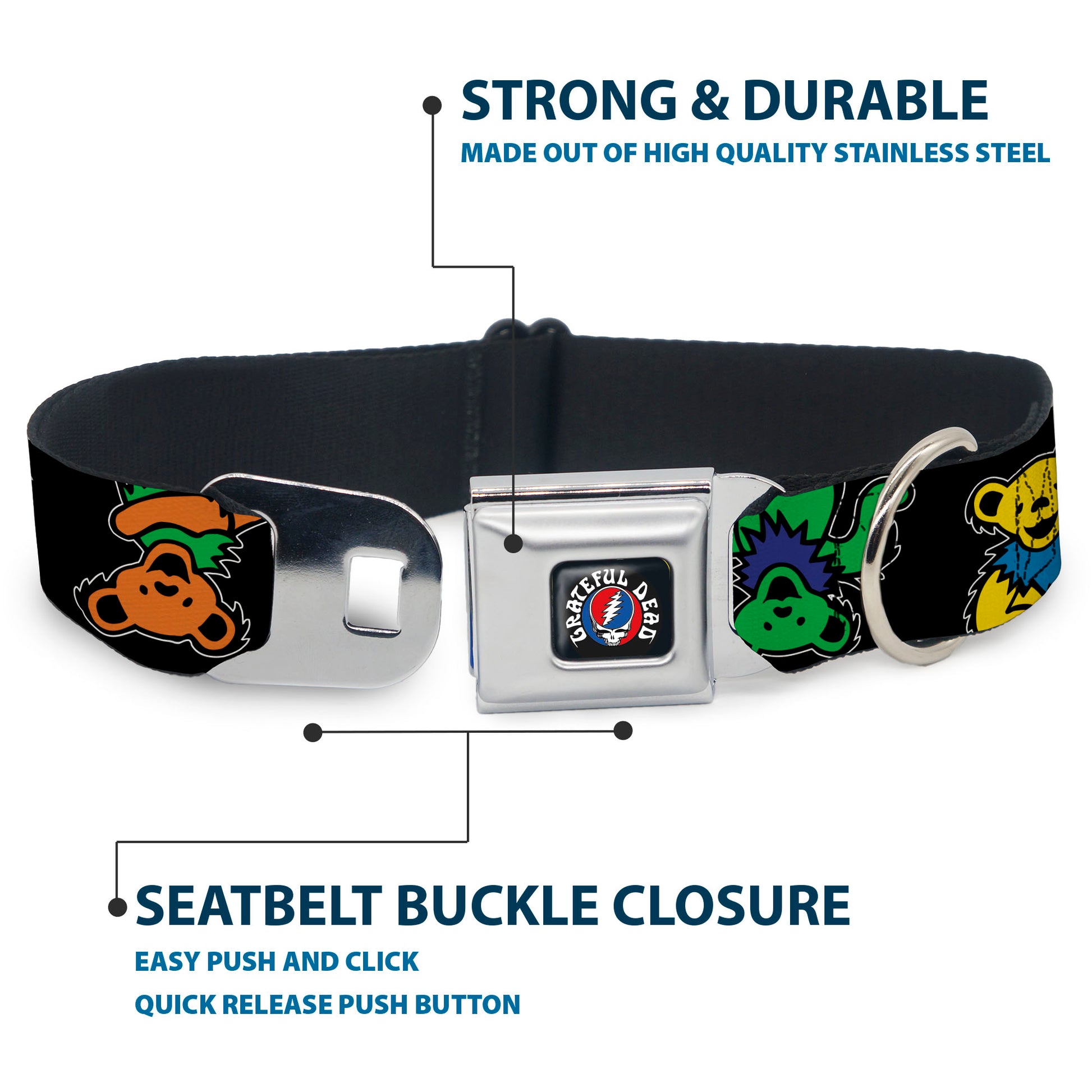 GRATEFUL DEAD Text with Steal Your Face Logo Full Color Black Seatbelt Buckle Collar - Grateful Dead Dancing Bears Close-Up Black/Multi Color Seatbelt Buckle Collars Grateful Dead