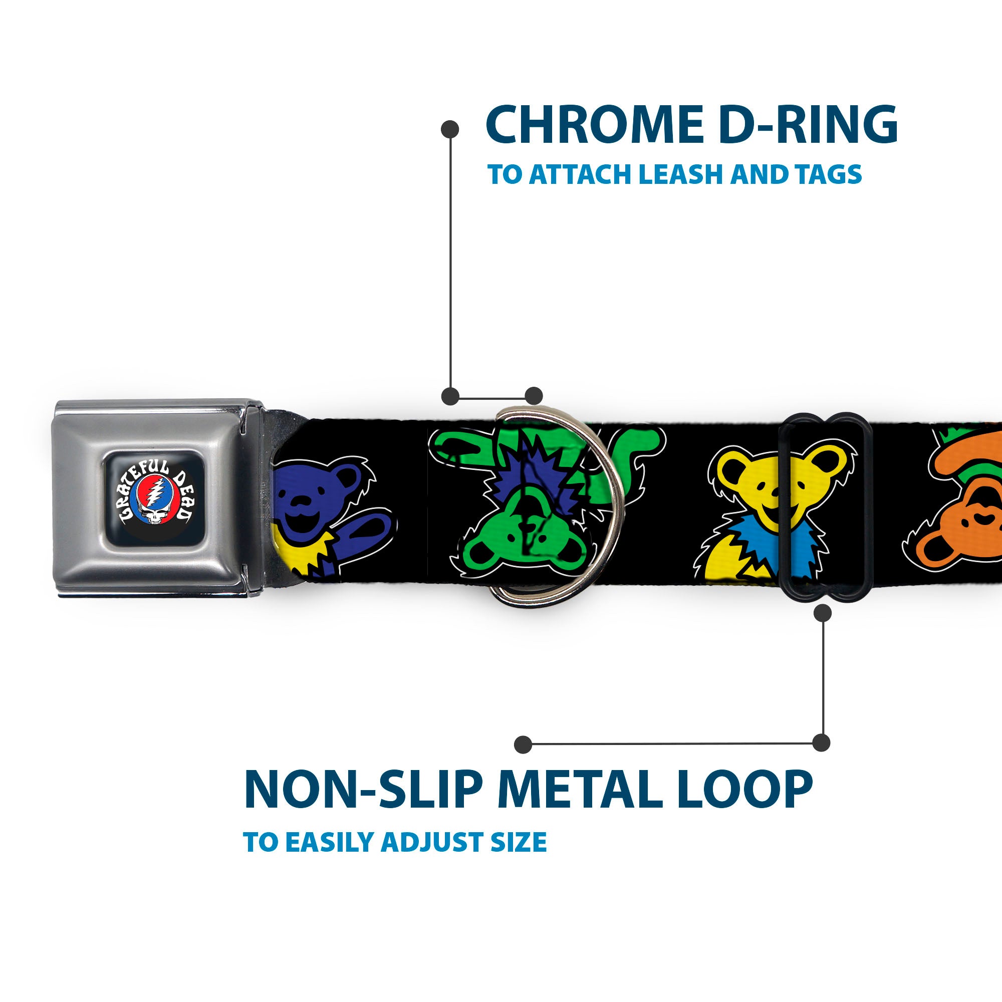 GRATEFUL DEAD Text with Steal Your Face Logo Full Color Black Seatbelt Buckle Collar - Grateful Dead Dancing Bears Close-Up Black/Multi Color Seatbelt Buckle Collars Grateful Dead