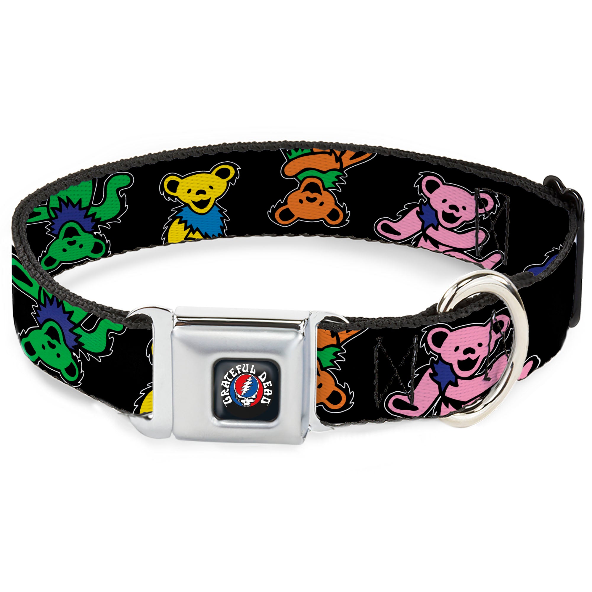 GRATEFUL DEAD Text with Steal Your Face Logo Full Color Black Seatbelt Buckle Collar - Grateful Dead Dancing Bears Close-Up Black/Multi Color Seatbelt Buckle Collars Grateful Dead