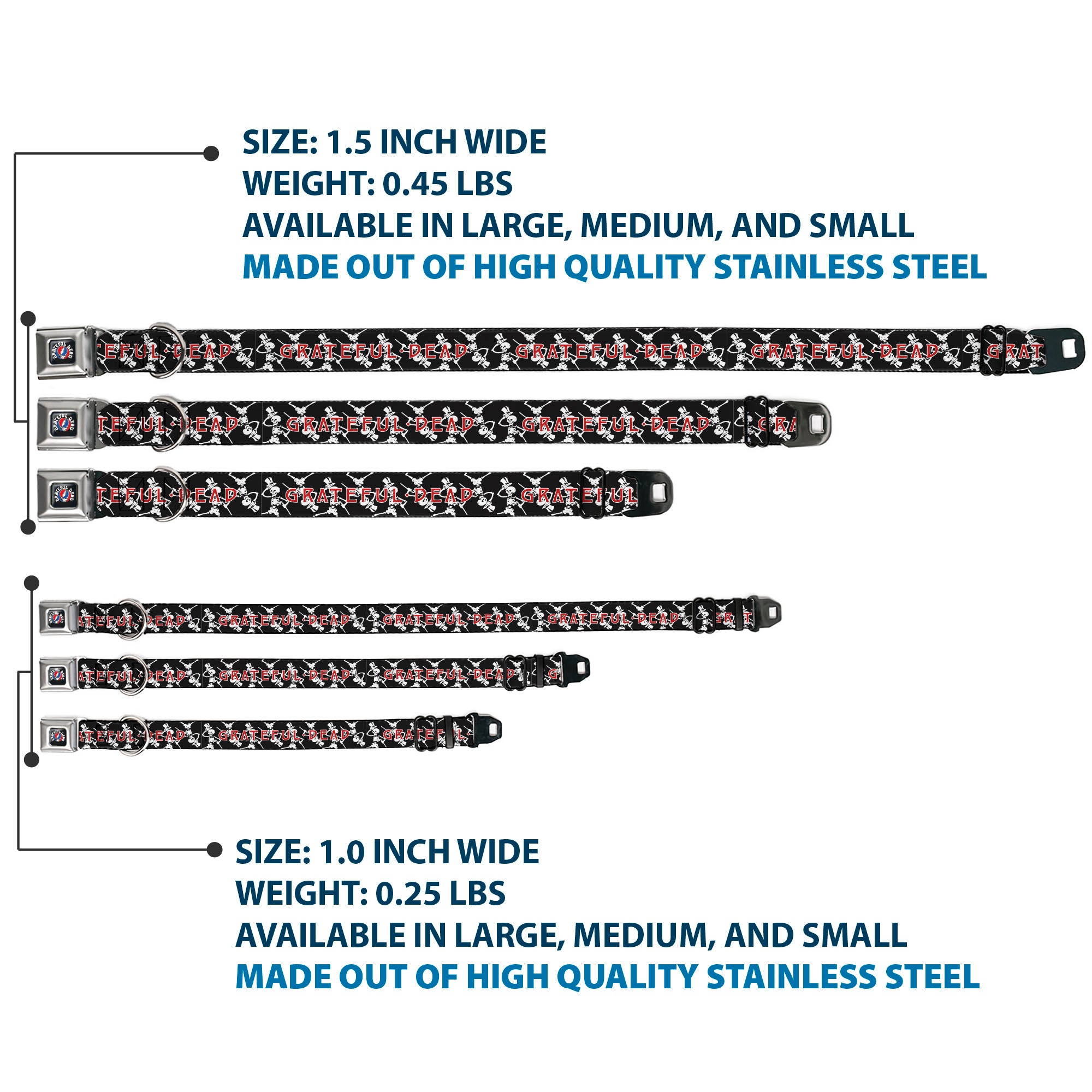 GRATEFUL DEAD Text with Steal Your Face Logo Full Color Black Seatbelt Buckle Collar - GRATEFUL DEAD Dancing Skeletons and Text Black/White/Red Seatbelt Buckle Collars Grateful Dead