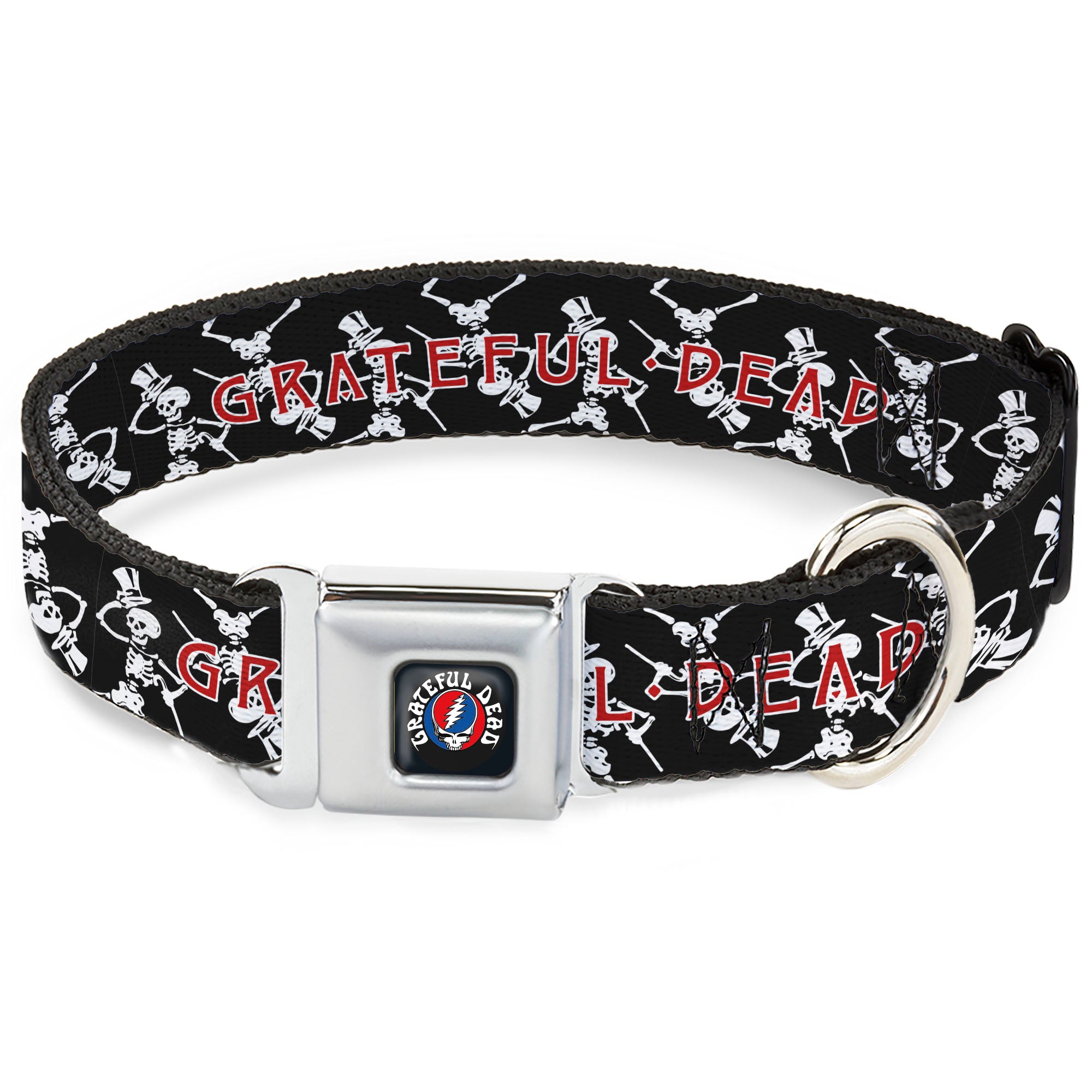GRATEFUL DEAD Text with Steal Your Face Logo Full Color Black Seatbelt Buckle Collar - GRATEFUL DEAD Dancing Skeletons and Text Black/White/Red Seatbelt Buckle Collars Grateful Dead