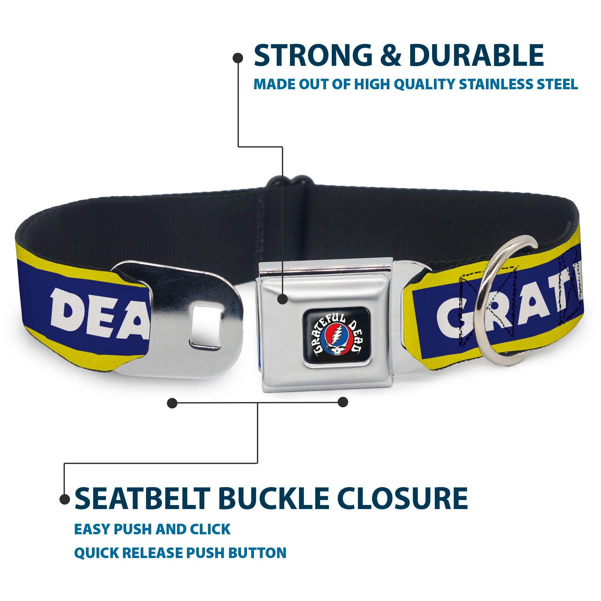 GRATEFUL DEAD Text with Steal Your Face Logo Full Color Black Seatbelt Buckle Collar - GRATEFUL DEAD Text Box and Steal Your Face Logo Yellow/Blue/White Seatbelt Buckle Collars Grateful Dead