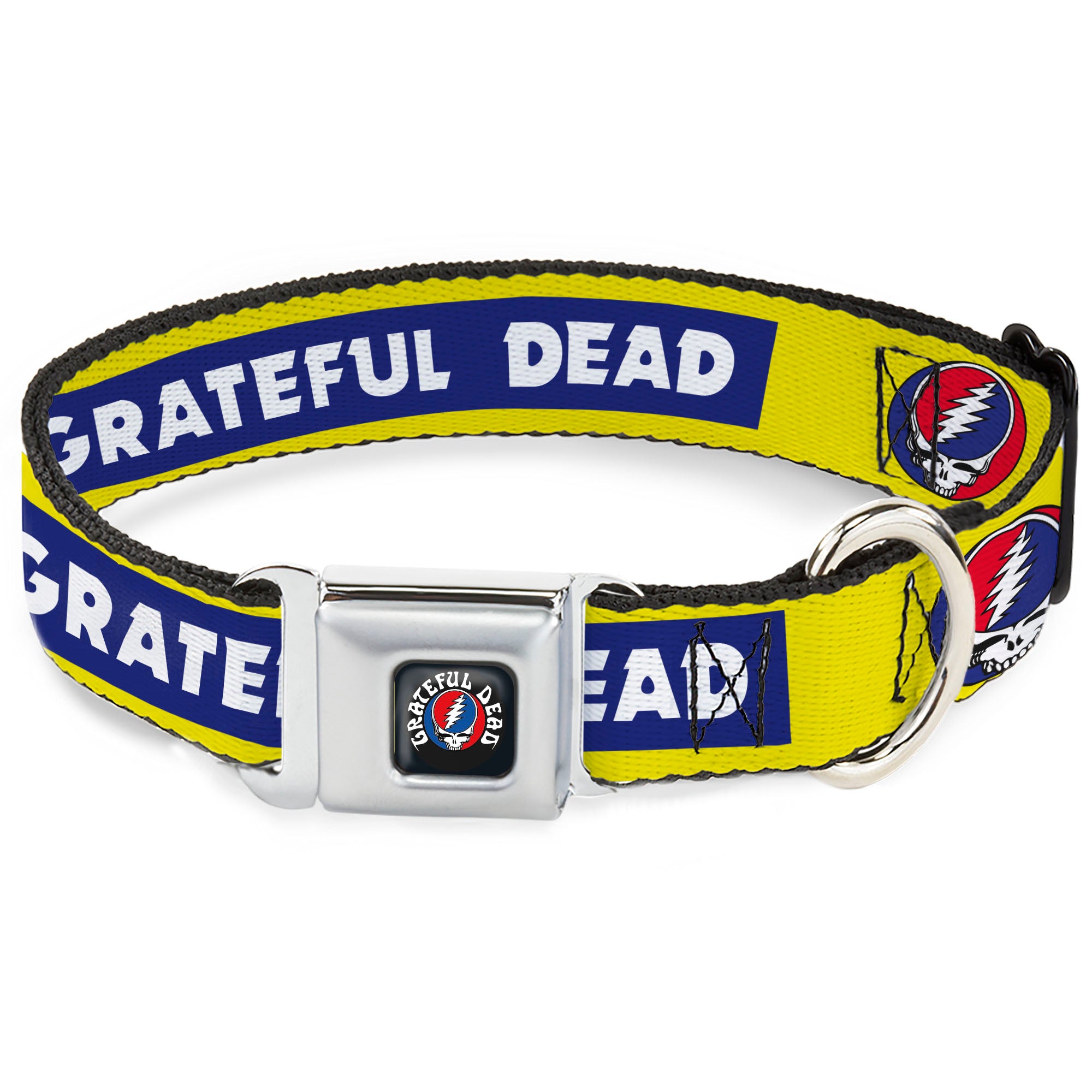 GRATEFUL DEAD Text with Steal Your Face Logo Full Color Black Seatbelt Buckle Collar - GRATEFUL DEAD Text Box and Steal Your Face Logo Yellow/Blue/White Seatbelt Buckle Collars Grateful Dead