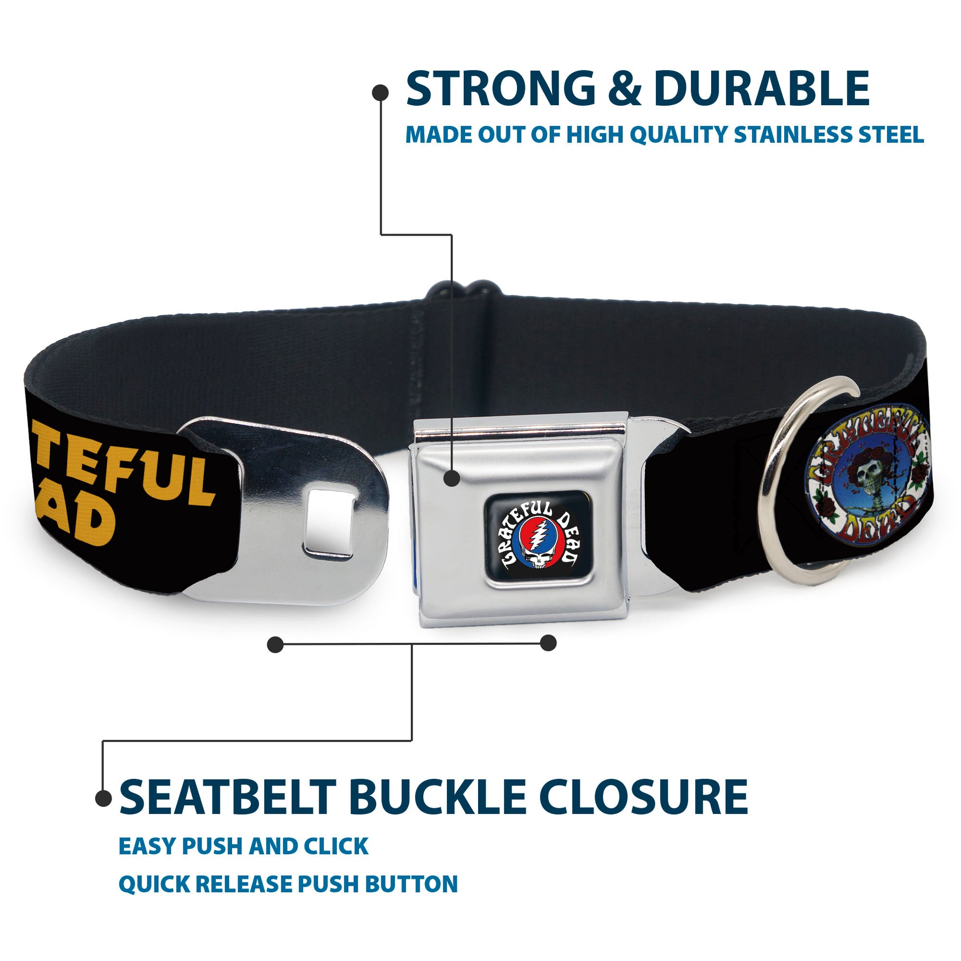 GRATEFUL DEAD Text with Steal Your Face Logo Full Color Black Seatbelt Buckle Collar - GRATEFUL DEAD Text and Skull and Roses Round Logo Black/Yellow Seatbelt Buckle Collars Grateful Dead