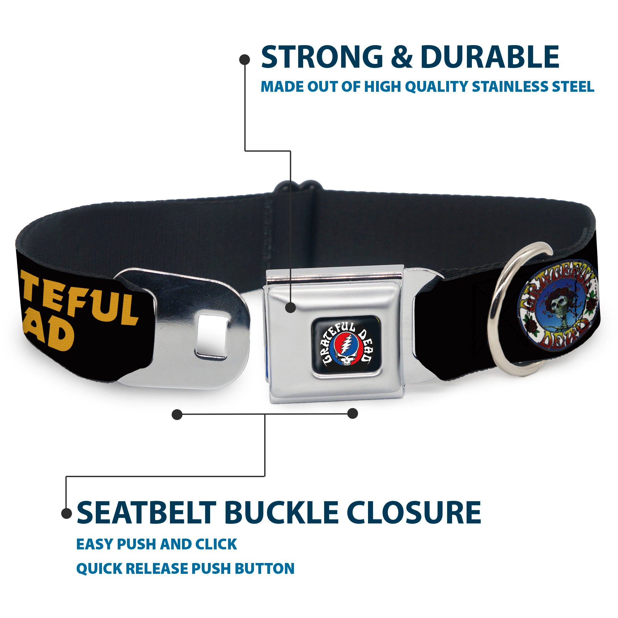 GRATEFUL DEAD Text with Steal Your Face Logo Full Color Black Seatbelt Buckle Collar - GRATEFUL DEAD Text and Skull and Roses Round Logo Black/Yellow Seatbelt Buckle Collars Grateful Dead