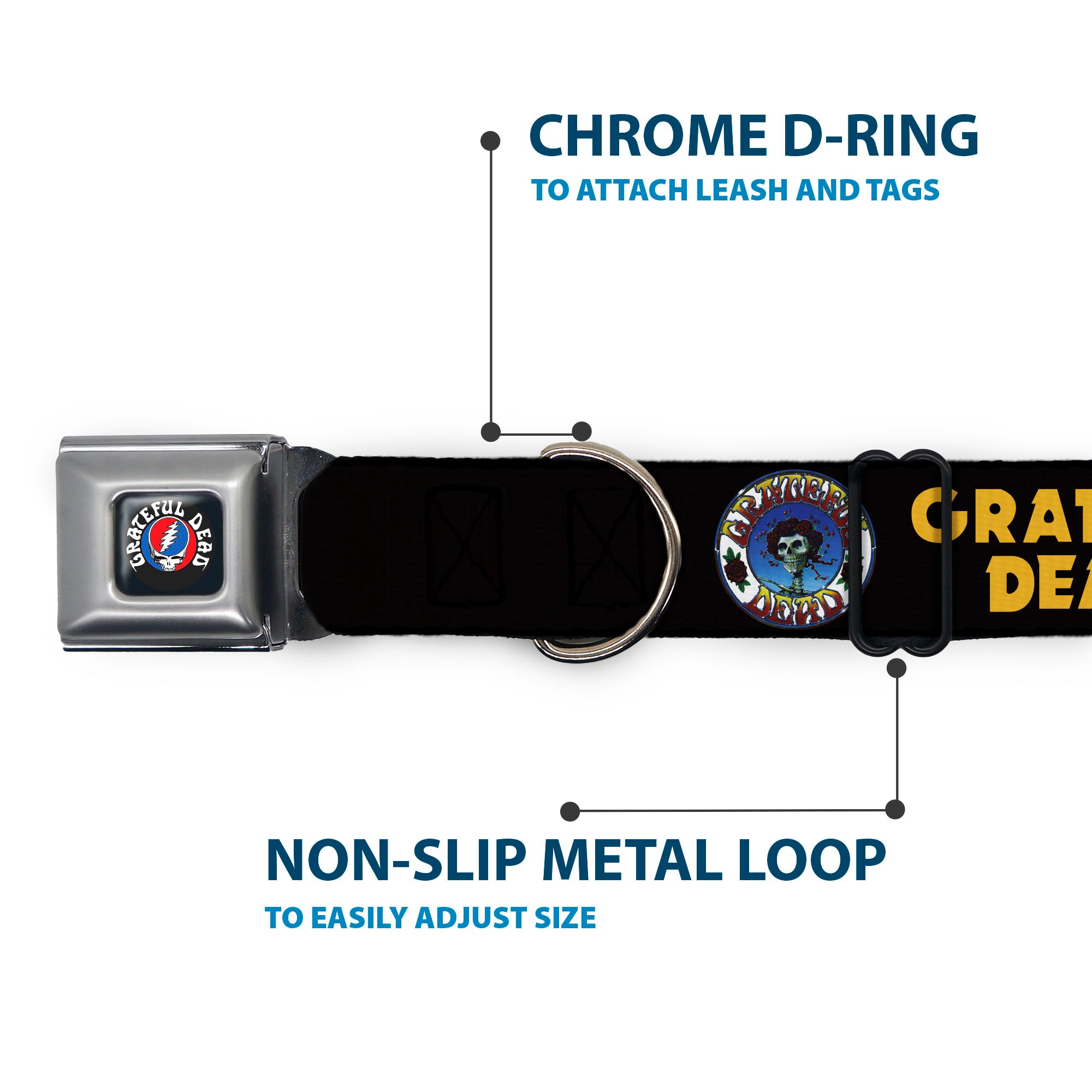 GRATEFUL DEAD Text with Steal Your Face Logo Full Color Black Seatbelt Buckle Collar - GRATEFUL DEAD Text and Skull and Roses Round Logo Black/Yellow Seatbelt Buckle Collars Grateful Dead