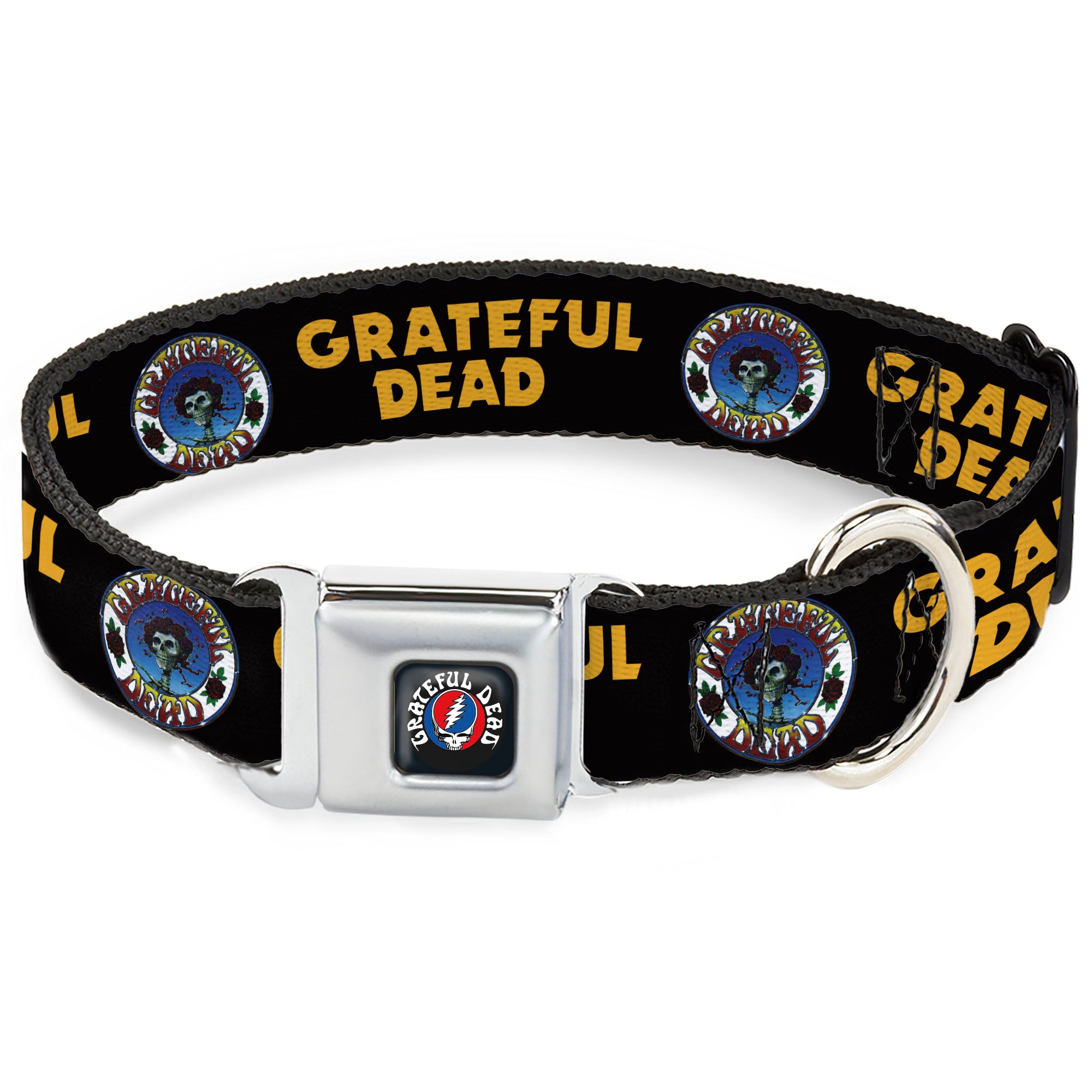 GRATEFUL DEAD Text with Steal Your Face Logo Full Color Black Seatbelt Buckle Collar - GRATEFUL DEAD Text and Skull and Roses Round Logo Black/Yellow Seatbelt Buckle Collars Grateful Dead