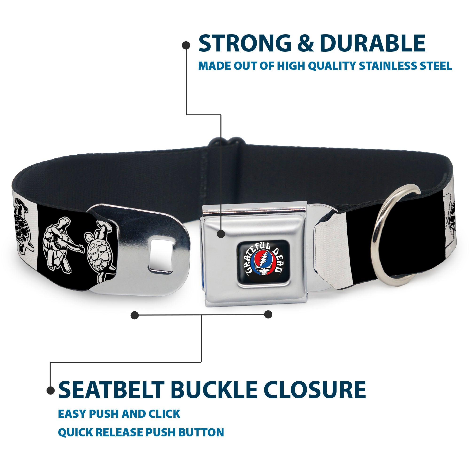 Grateful Dead Steal Your Face Stars and Stripes Logo Full Color Black/White/Red/Blue Seatbelt Buckle Collar - Grateful Dead Dancing Terrapin Blocks Black/White Seatbelt Buckle Collars Grateful Dead