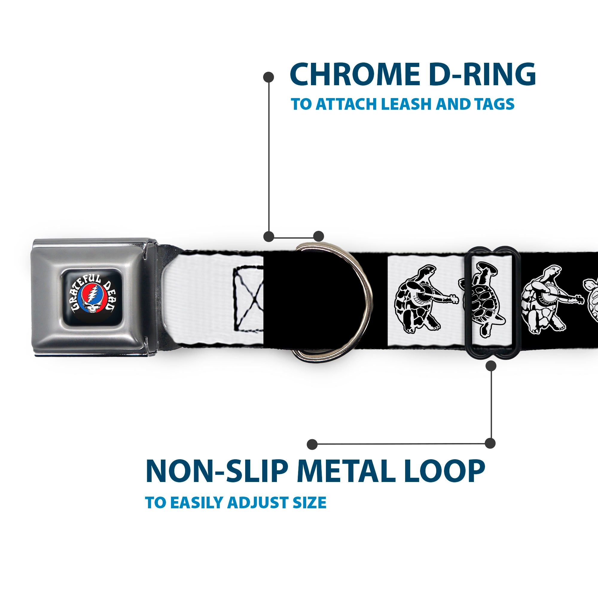 Grateful Dead Steal Your Face Stars and Stripes Logo Full Color Black/White/Red/Blue Seatbelt Buckle Collar - Grateful Dead Dancing Terrapin Blocks Black/White Seatbelt Buckle Collars Grateful Dead