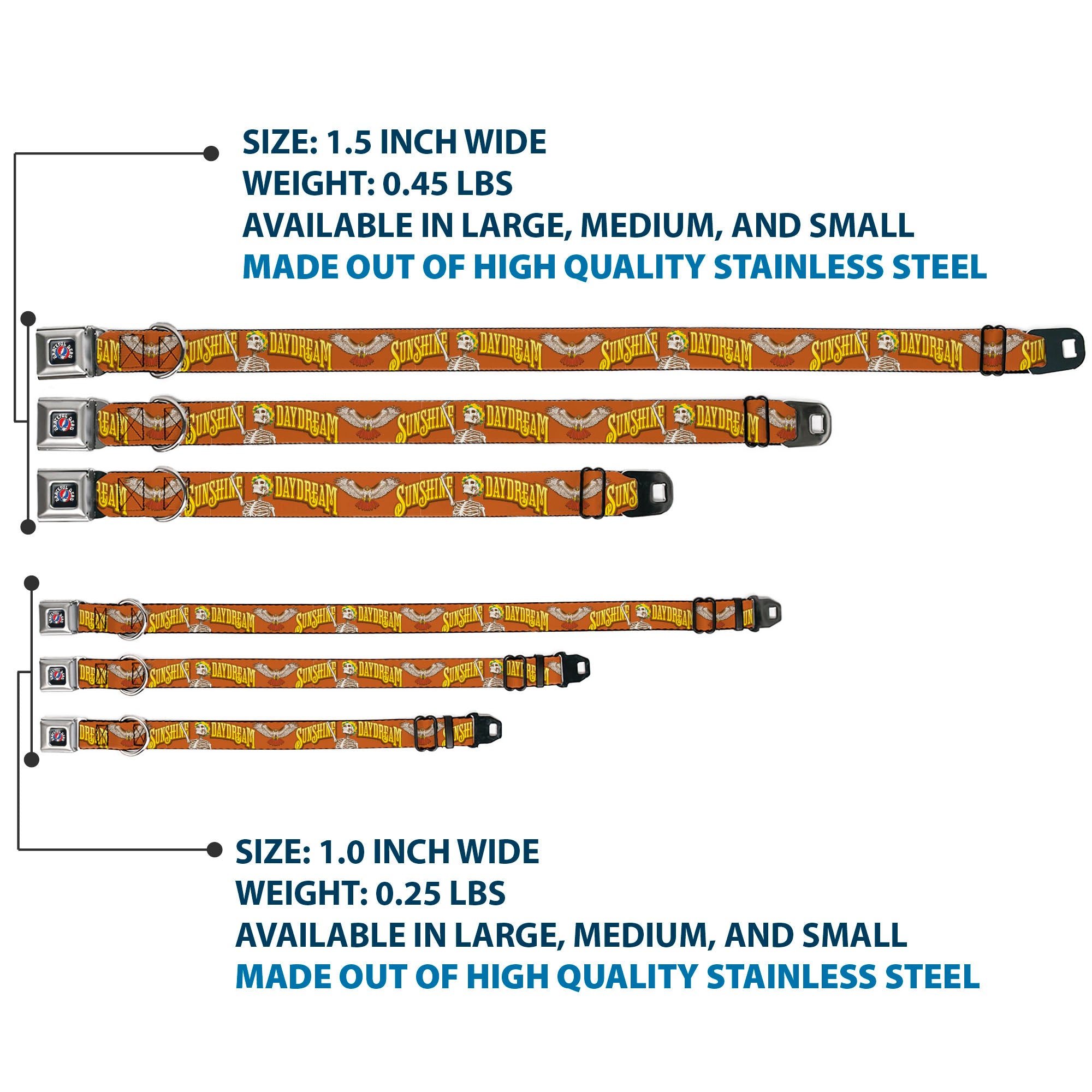 GRATEFUL DEAD Text with Steal Your Face Logo Full Color Black Seatbelt Buckle Collar - Grateful Dead SUNSHINE DAYDREAM Skeleton Orange Seatbelt Buckle Collars Grateful Dead