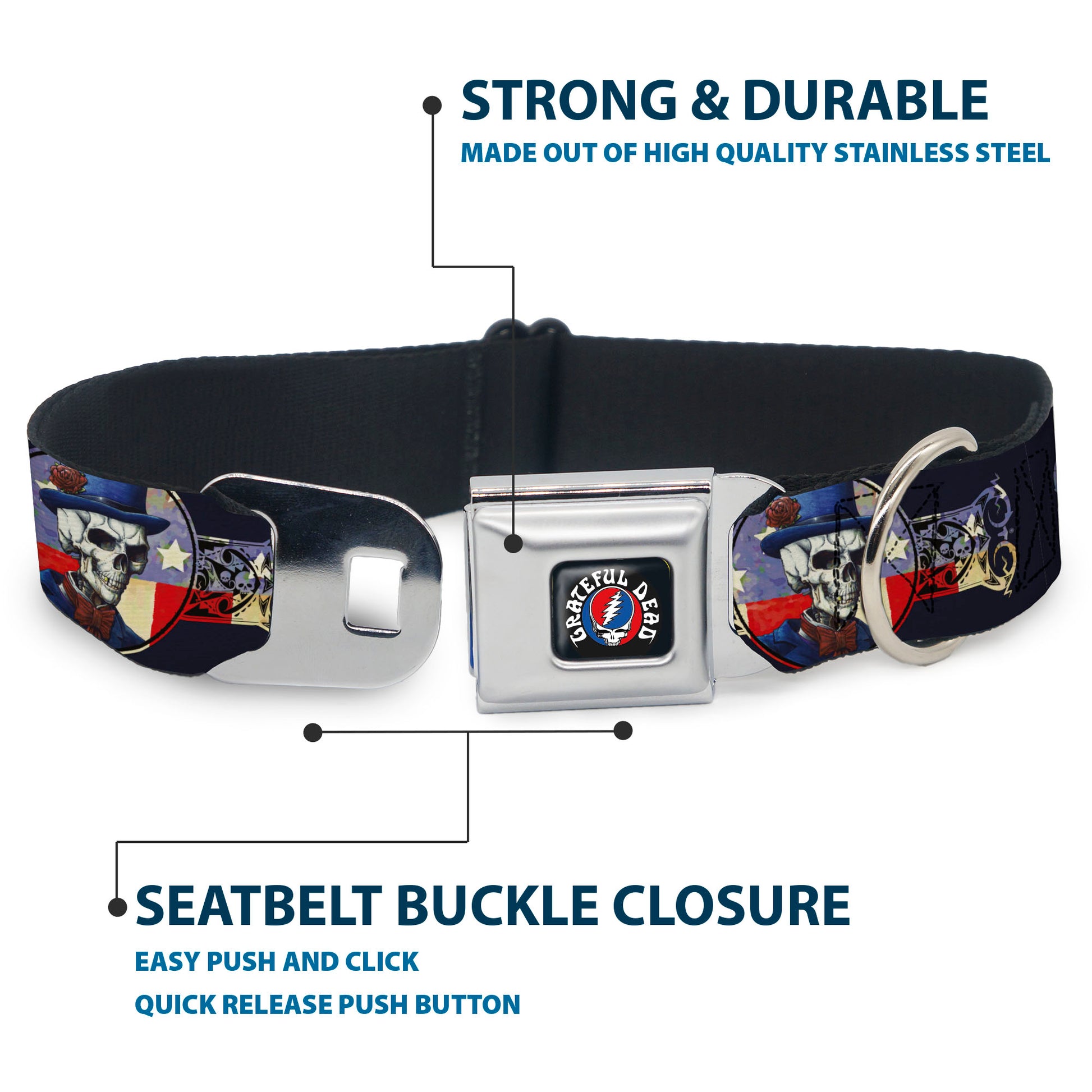 GRATEFUL DEAD Text with Steal Your Face Logo Full Color Black Seatbelt Buckle Collar - Grateful Dead Dave's Picks Skeleton Americana Bonus Art Seatbelt Buckle Collars Grateful Dead