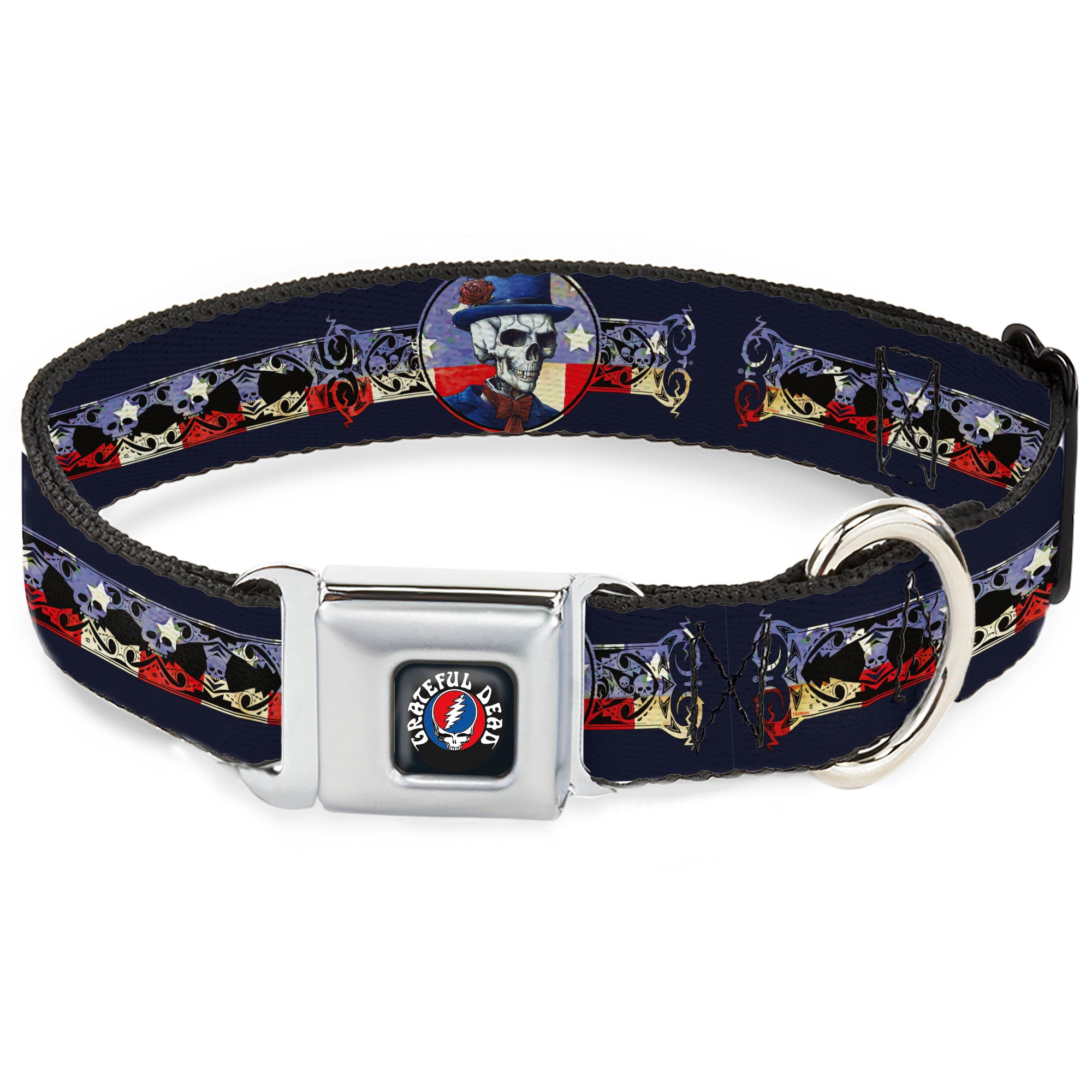 GRATEFUL DEAD Text with Steal Your Face Logo Full Color Black Seatbelt Buckle Collar - Grateful Dead Dave's Picks Skeleton Americana Bonus Art Seatbelt Buckle Collars Grateful Dead