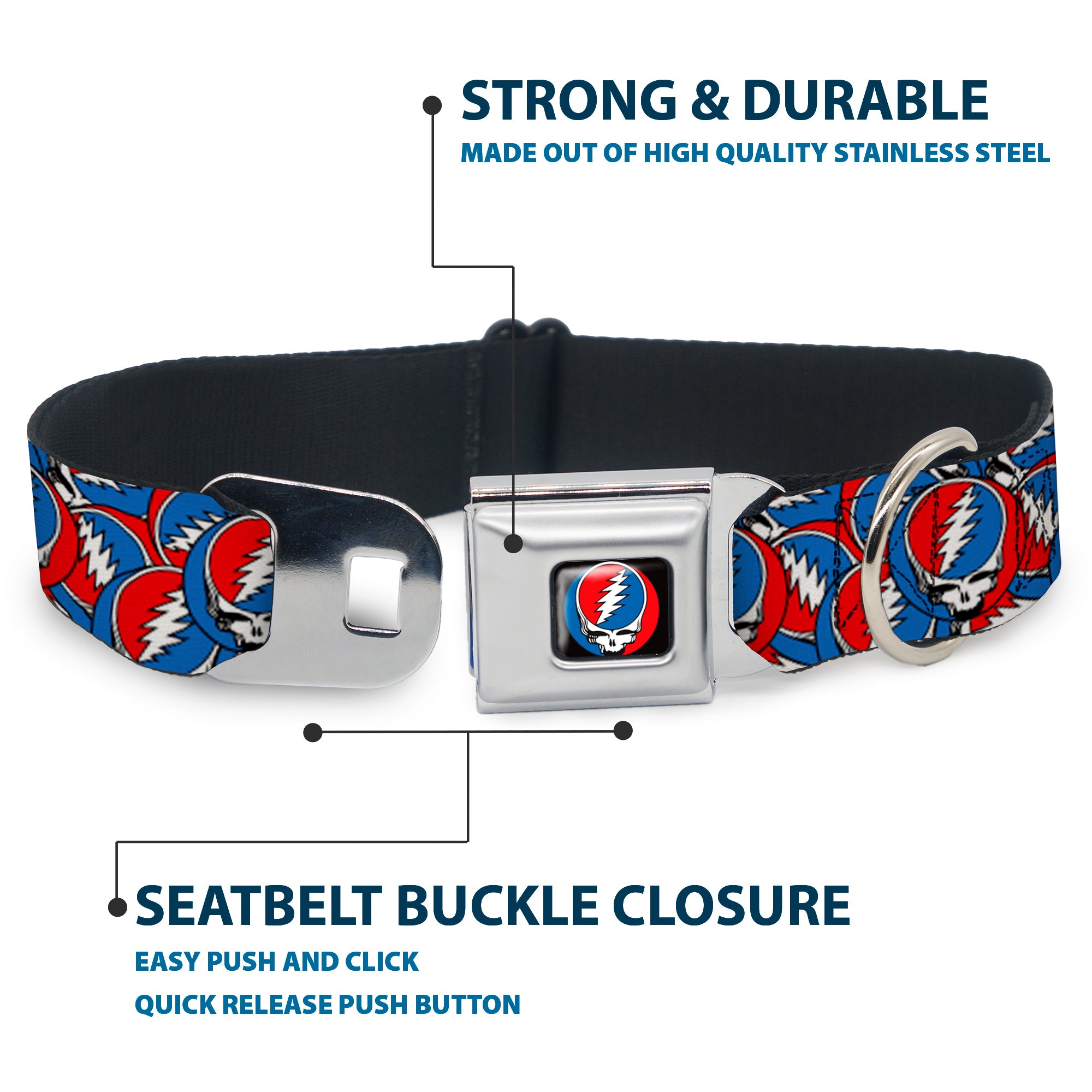 Grateful Dead Steal Your Face Logo Full Color Black/Red/White/Blue Seatbelt Buckle Collar - Grateful Dead Steal Your Face Logo Stacked Red/White/Blue Seatbelt Buckle Collars Grateful Dead