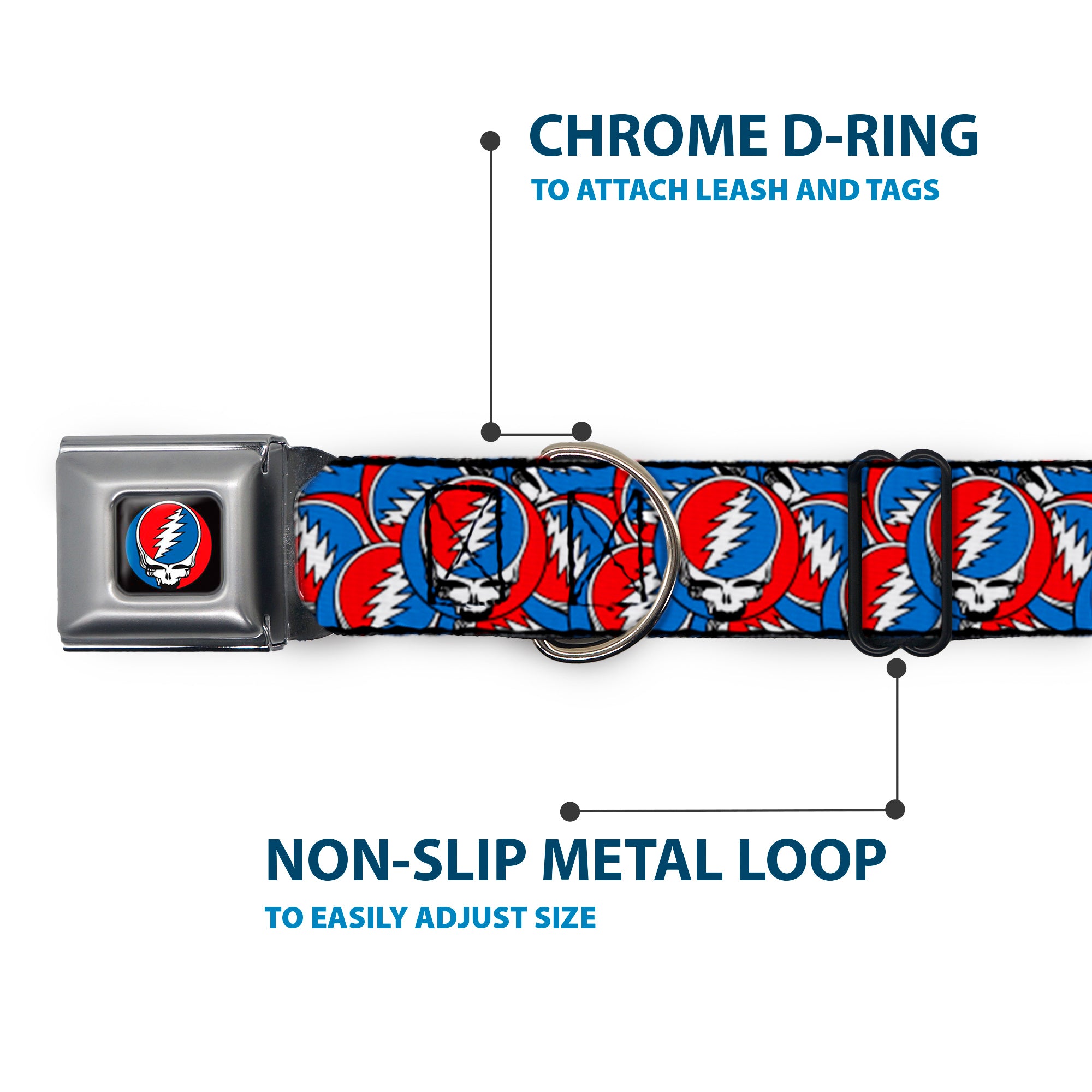 Grateful Dead Steal Your Face Logo Full Color Black/Red/White/Blue Seatbelt Buckle Collar - Grateful Dead Steal Your Face Logo Stacked Red/White/Blue Seatbelt Buckle Collars Grateful Dead