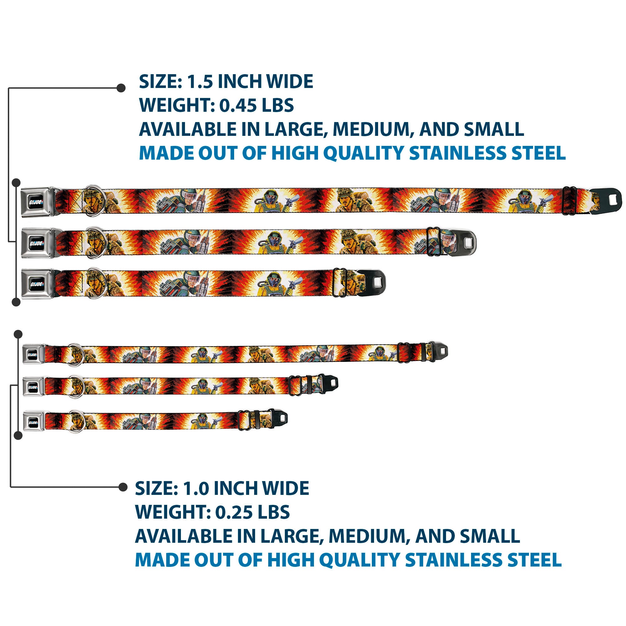 GI JOE Title Logo Stripe Full Color Black/Red/White/Blue Seatbelt Buckle Collar - GI Joe Retro Footloose Flash Air Tight Character File Card Explosion Poses Seatbelt Buckle Collars GI Joe