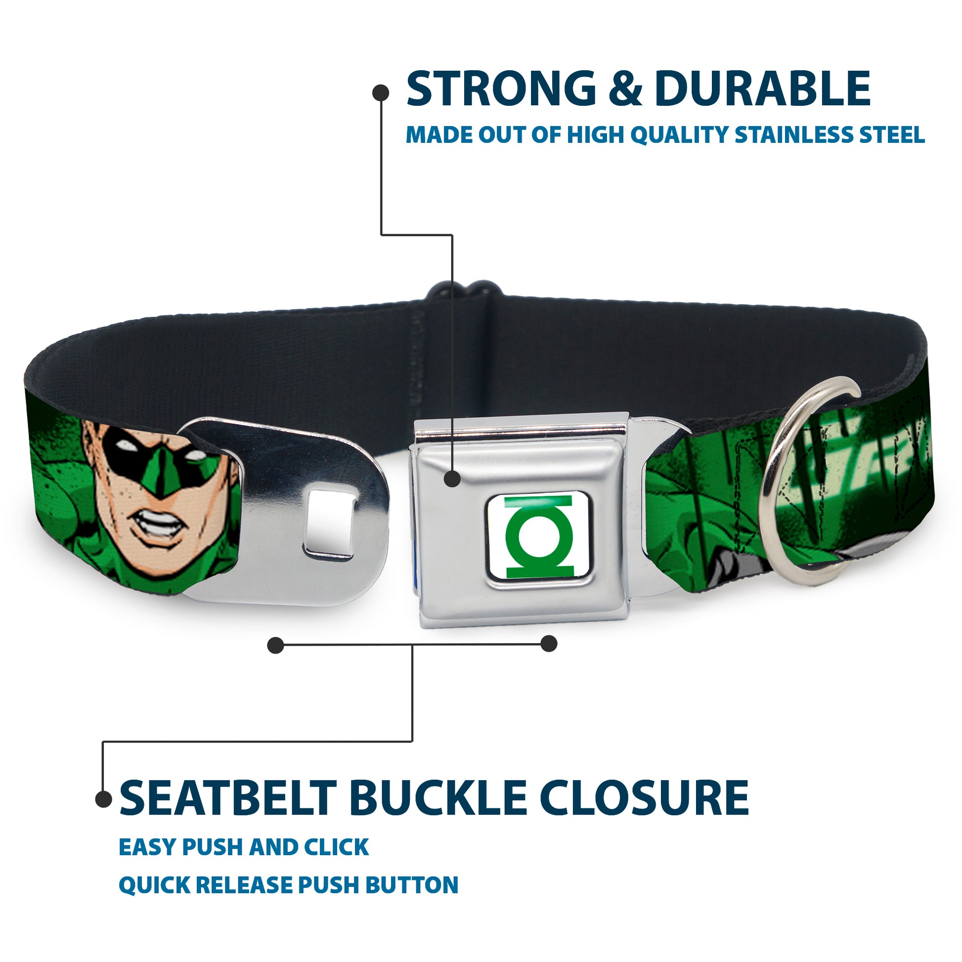 Green Lantern Logo CLOSE-UP White Green Seatbelt Buckle Collar - Green Lantern Green Glow w/Text Seatbelt Buckle Collars DC Comics