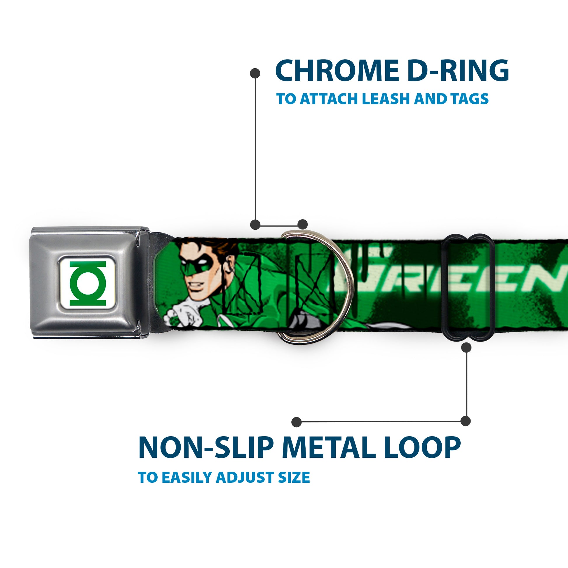 Green Lantern Logo CLOSE-UP White Green Seatbelt Buckle Collar - Green Lantern Green Glow w/Text Seatbelt Buckle Collars DC Comics