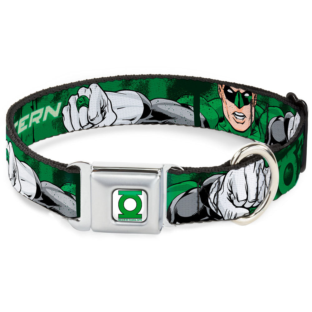 Green Lantern Logo CLOSE-UP White Green Seatbelt Buckle Collar - Green Lantern Green Glow w/Text Seatbelt Buckle Collars DC Comics