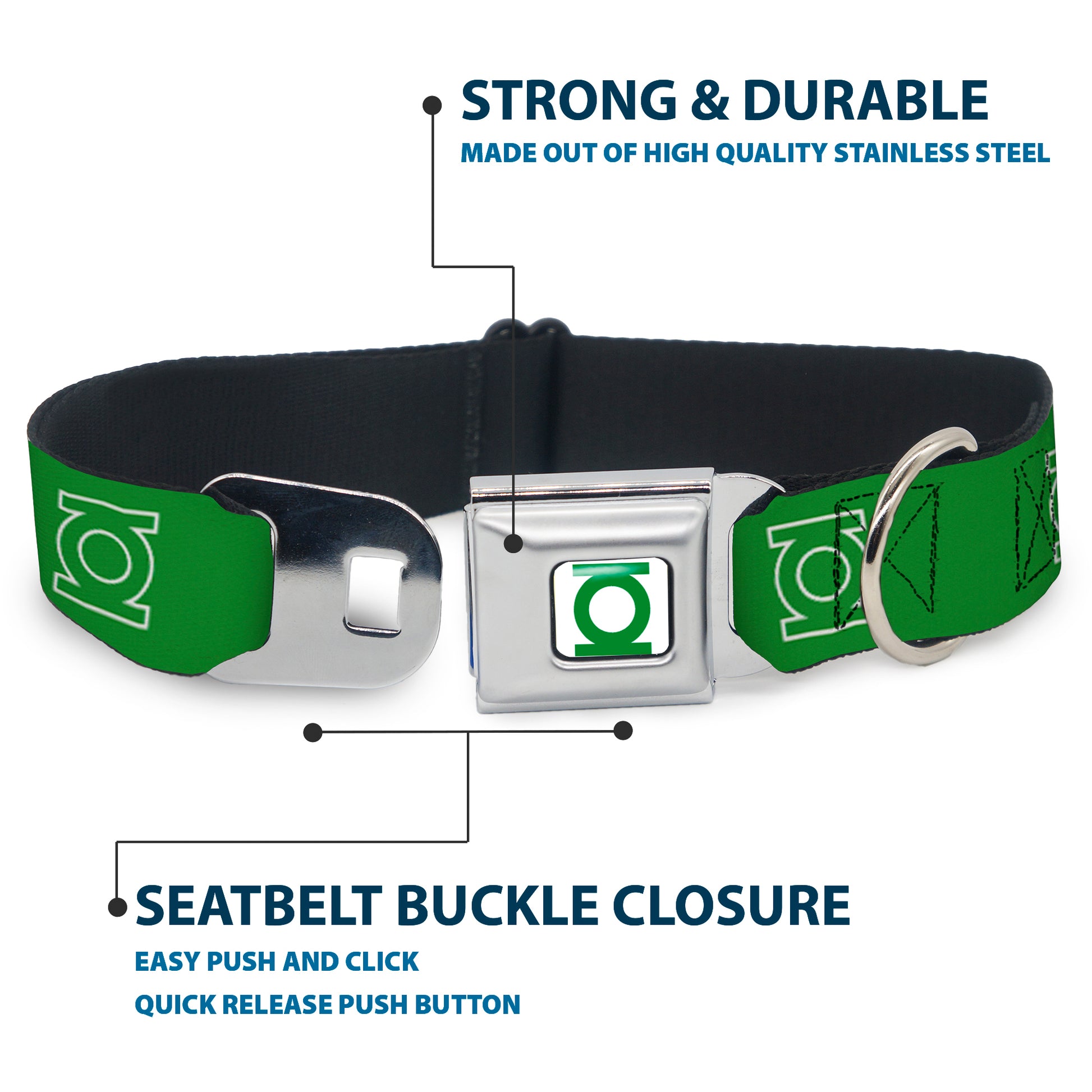 Green Lantern Logo CLOSE-UP White Green Seatbelt Buckle Collar - Green Lantern Logo Green/White Seatbelt Buckle Collars DC Comics