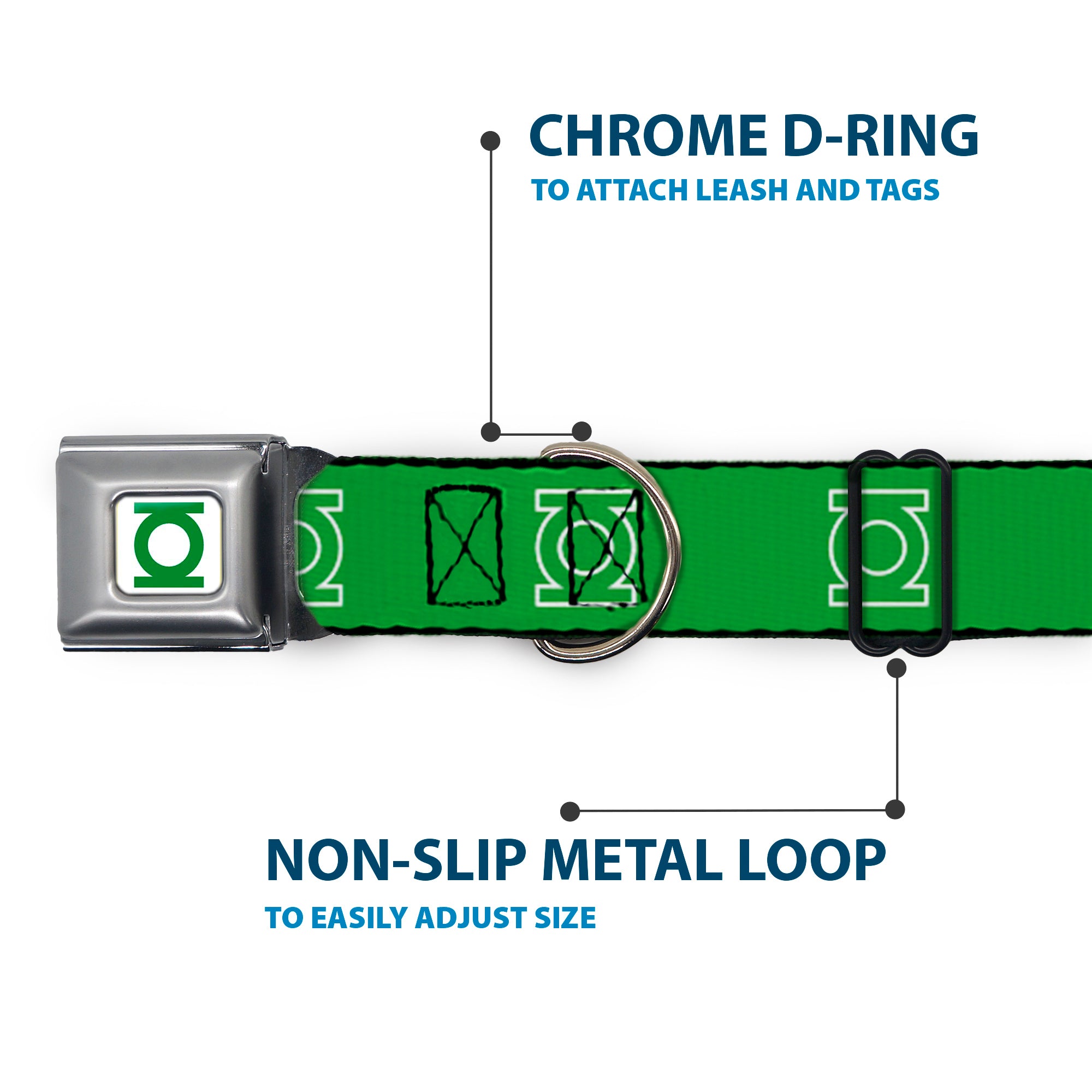 Green Lantern Logo CLOSE-UP White Green Seatbelt Buckle Collar - Green Lantern Logo Green/White Seatbelt Buckle Collars DC Comics