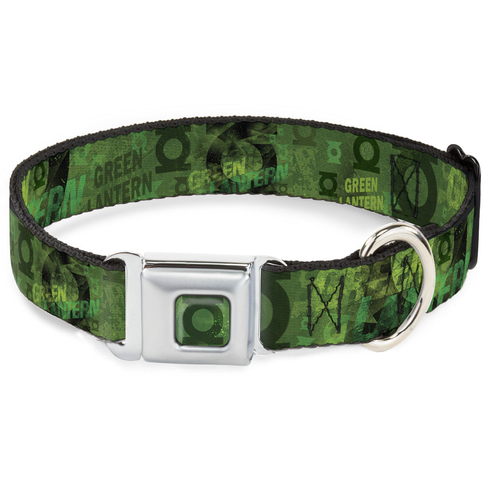 Green Lantern Logo Weathered Full Color Greens Seatbelt Buckle Collar - GREEN LANTERN/Logo Collage Weathered Greens Seatbelt Buckle Collars DC Comics