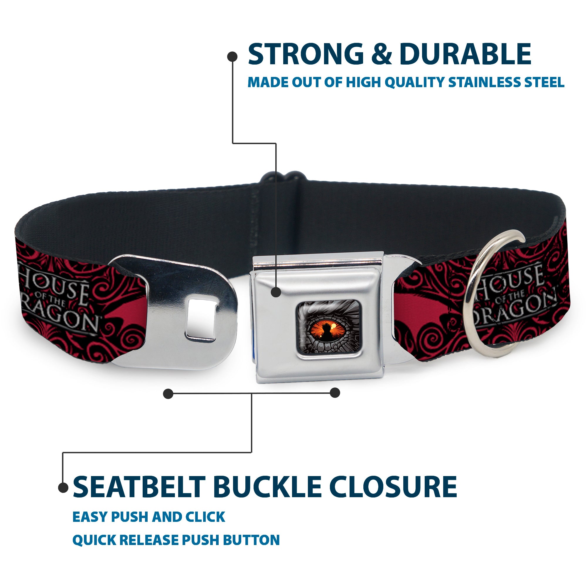 House of the Dragon Eye Throne Icon Full Color Black/Gray/Orange Seatbelt Buckle Collar - HOUSE OF THE DRAGON Dragon Icon Black/Red/White Seatbelt Buckle Collars House of the Dragon