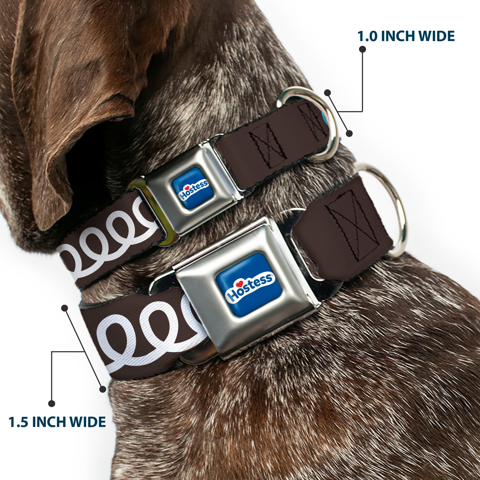 HOSTESS Logo Blue/White/Red Seatbelt Buckle Collar - Hostess Cupcake Squiggle and Logo Brown/White