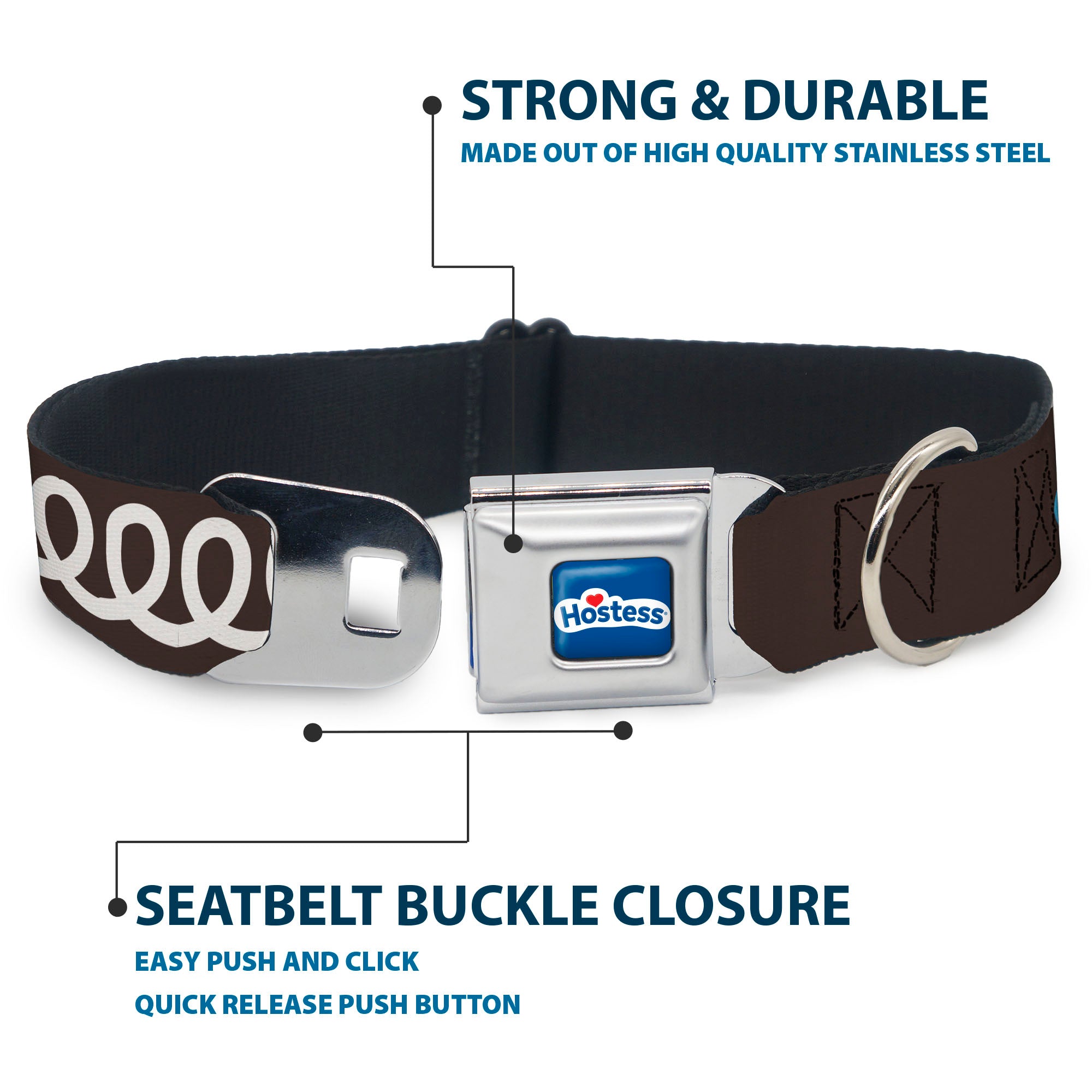 HOSTESS Logo Blue/White/Red Seatbelt Buckle Collar - Hostess Cupcake Squiggle and Logo Brown/White