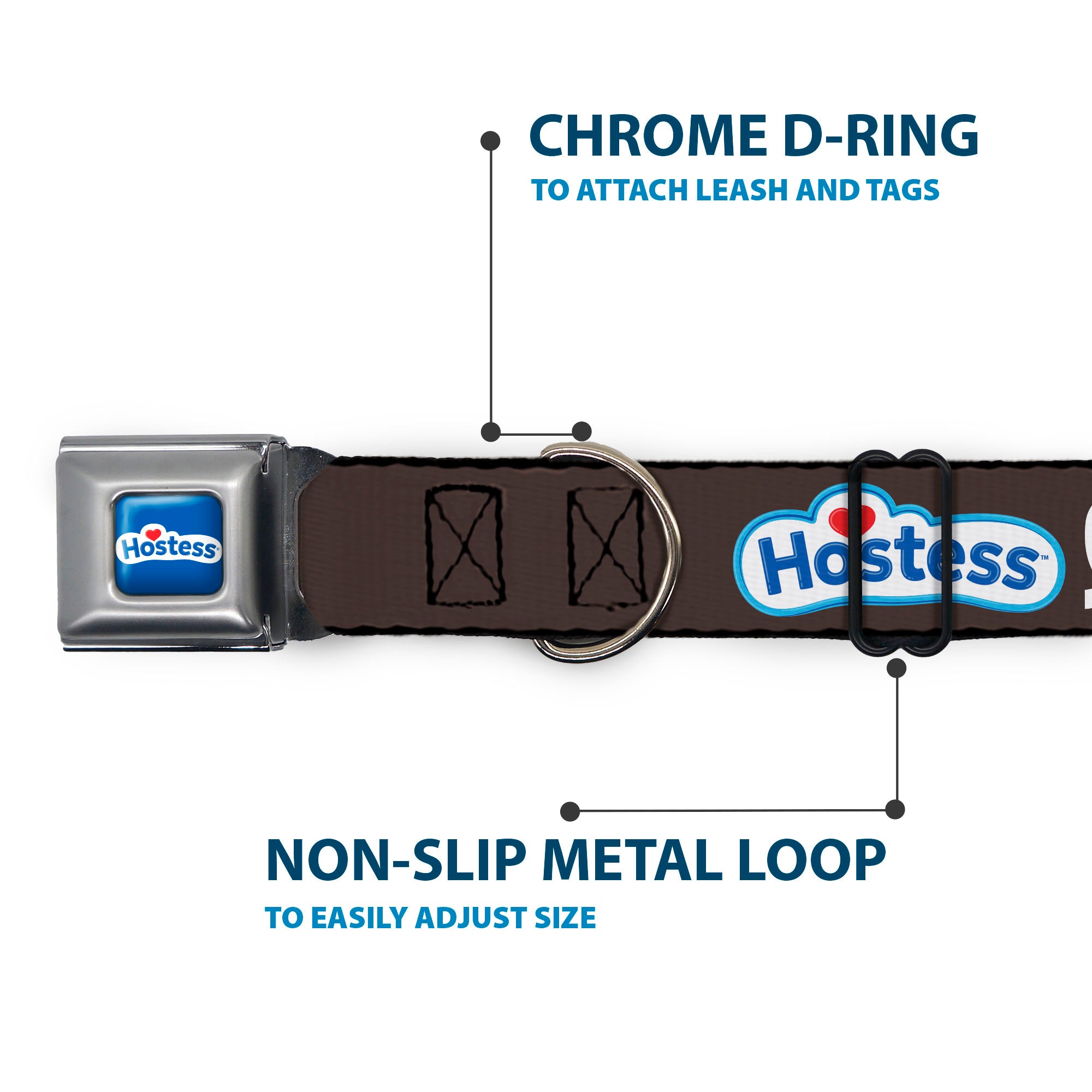 HOSTESS Logo Blue/White/Red Seatbelt Buckle Collar - Hostess Cupcake Squiggle and Logo Brown/White