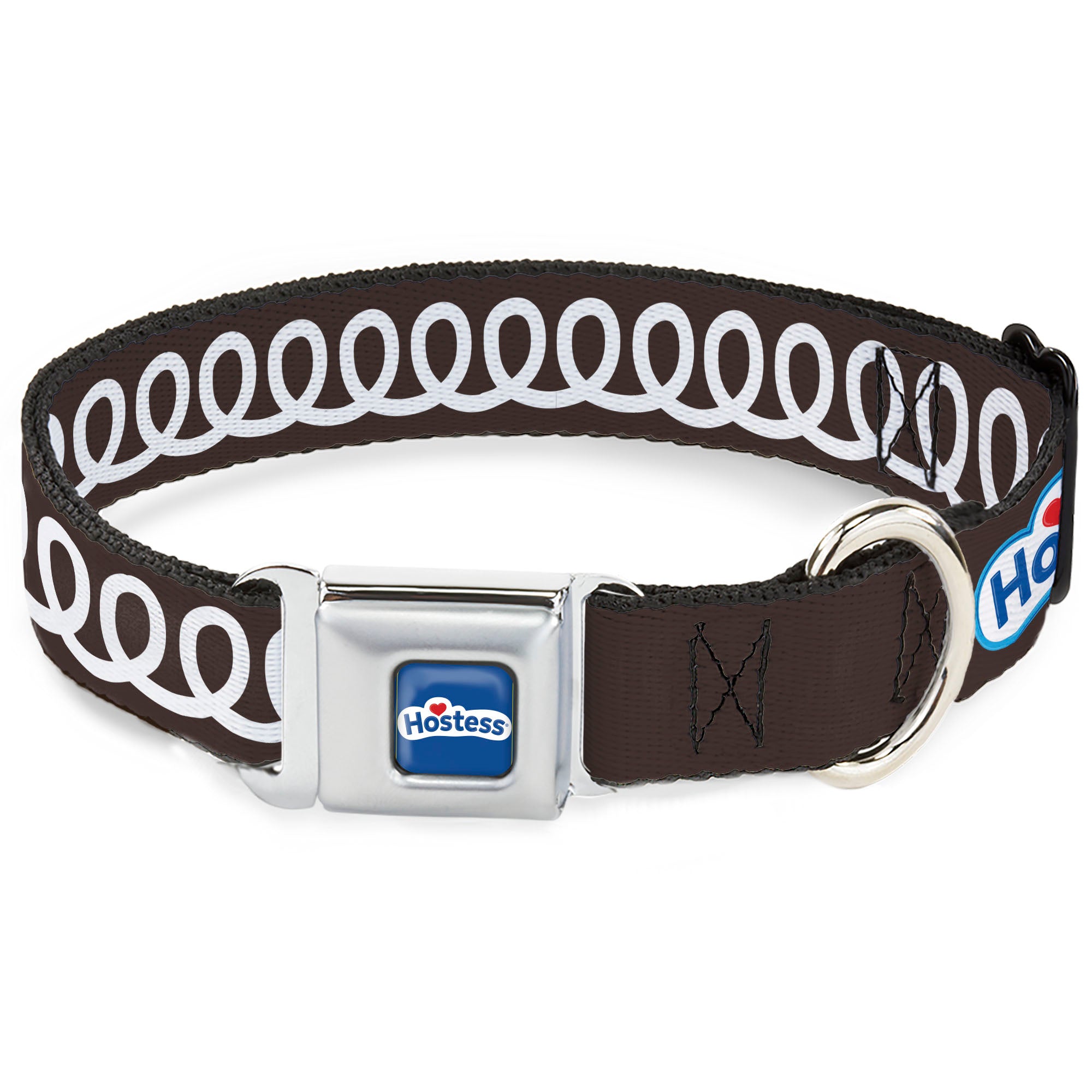HOSTESS Logo Blue/White/Red Seatbelt Buckle Collar - Hostess Cupcake Squiggle and Logo Brown/White