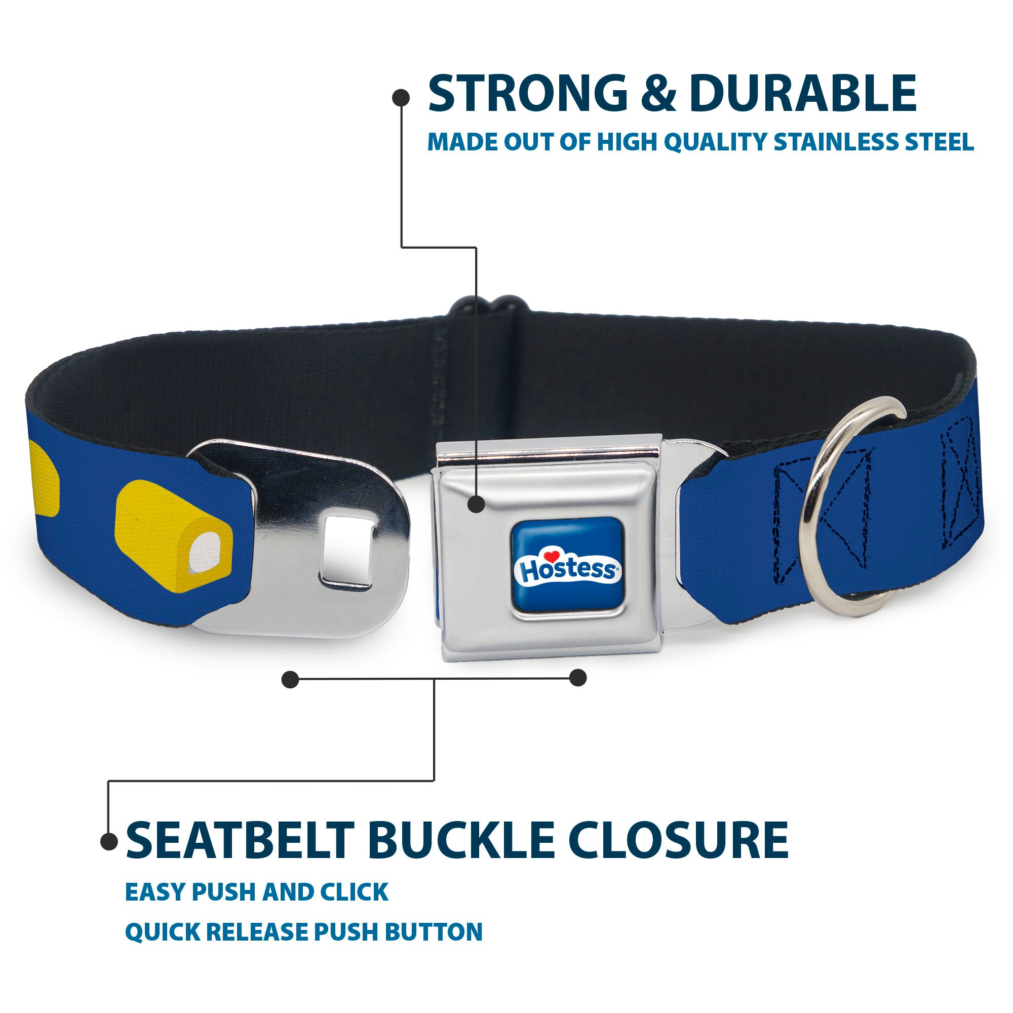 HOSTESS Logo Blue/White/Red Seatbelt Buckle Collar - Hostess Twinkies Pieces and Logo Blue/Yellow/White