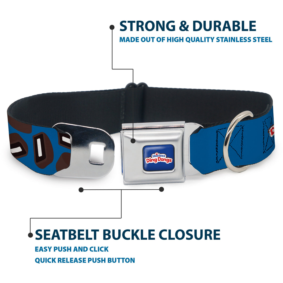 HOSTESS DING DONGS Logo Full Color Blue/White/Red Seatbelt Buckle Collar - HOSTESS DING DONGS Cakes Scattered Navy Blue Dog Collars Seatbelt Buckle Hostess Brands