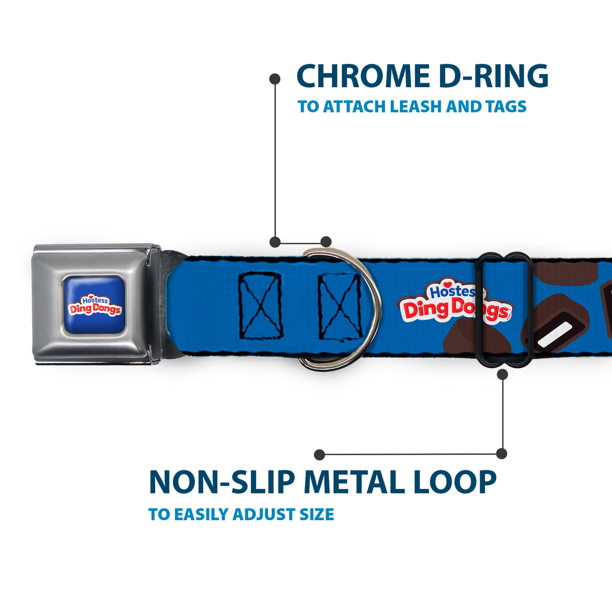 HOSTESS DING DONGS Logo Full Color Blue/White/Red Seatbelt Buckle Collar - HOSTESS DING DONGS Cakes Scattered Navy Blue Dog Collars Seatbelt Buckle Hostess Brands