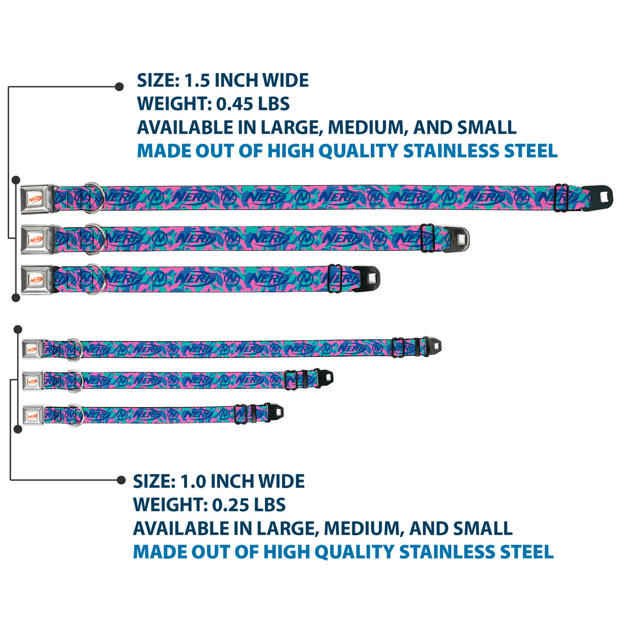 NERF Logo Full Color White/Red/Yellow Seatbelt Buckle Collar - NERF Logo and Icon Camo Blues/Pinks Dog Collars Seatbelt Buckle Nerf
