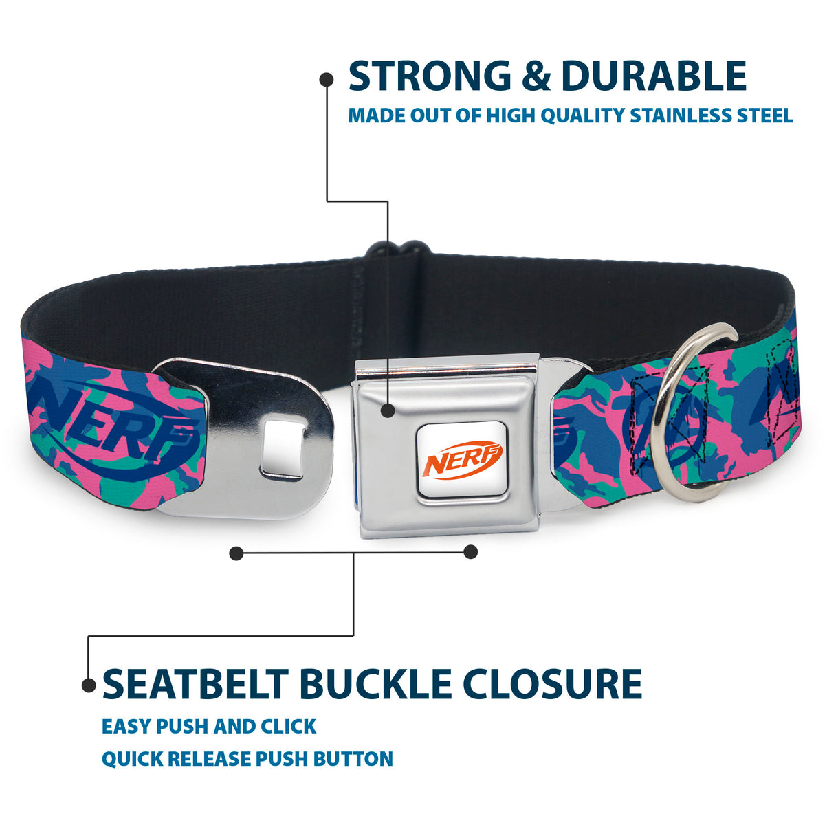NERF Logo Full Color White/Red/Yellow Seatbelt Buckle Collar - NERF Logo and Icon Camo Blues/Pinks Dog Collars Seatbelt Buckle Nerf