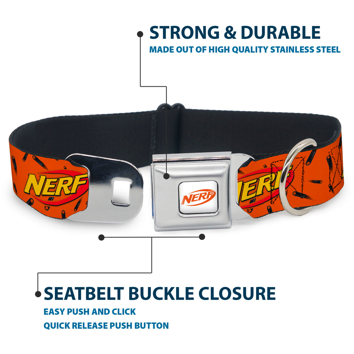 NERF Logo Full Color White/Red/Yellow Seatbelt Buckle Collar - NERF Logo Darts Scattered Orange/Black Dog Collars Seatbelt Buckle Nerf