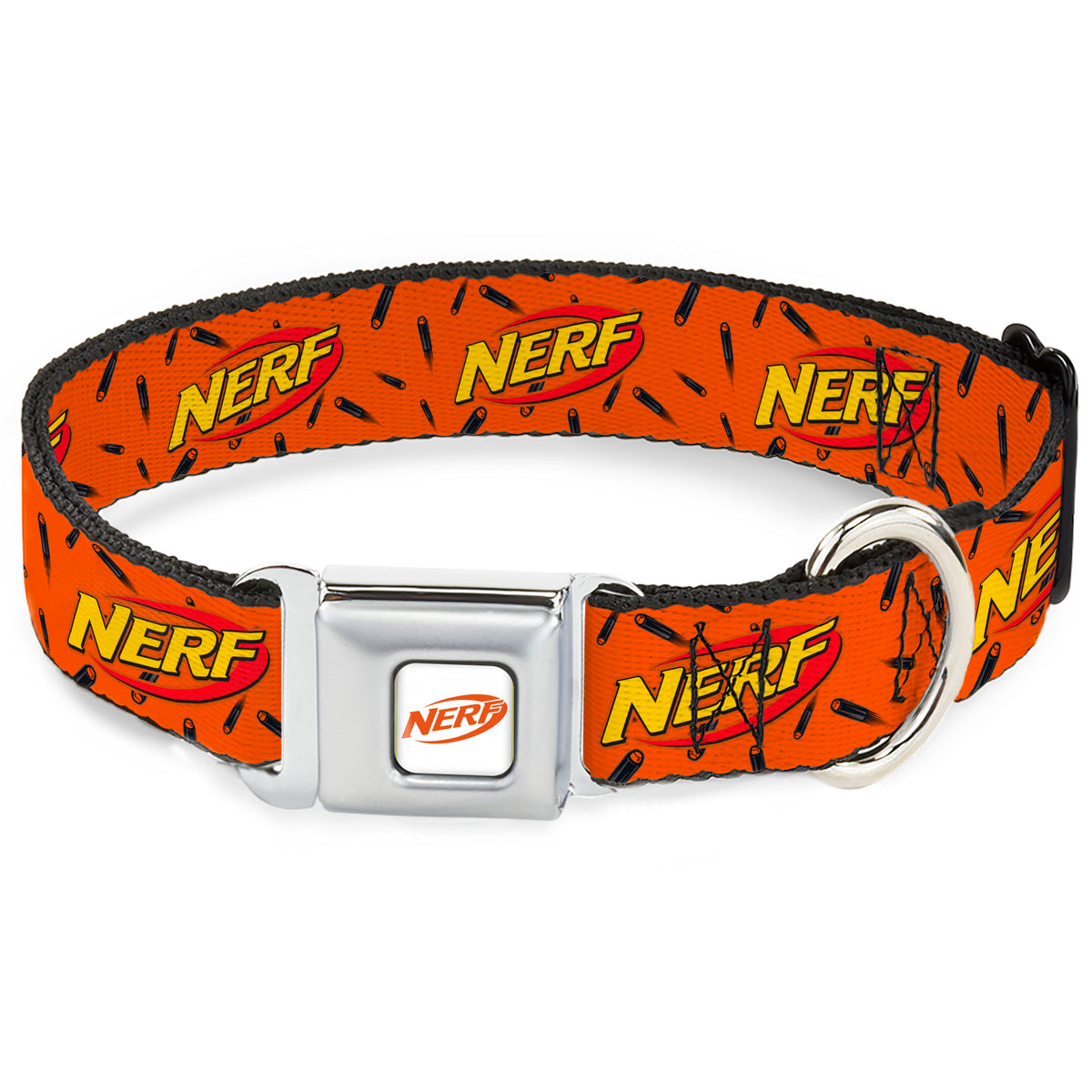 NERF Logo Full Color White/Red/Yellow Seatbelt Buckle Collar - NERF Logo Darts Scattered Orange/Black Dog Collars Seatbelt Buckle Nerf