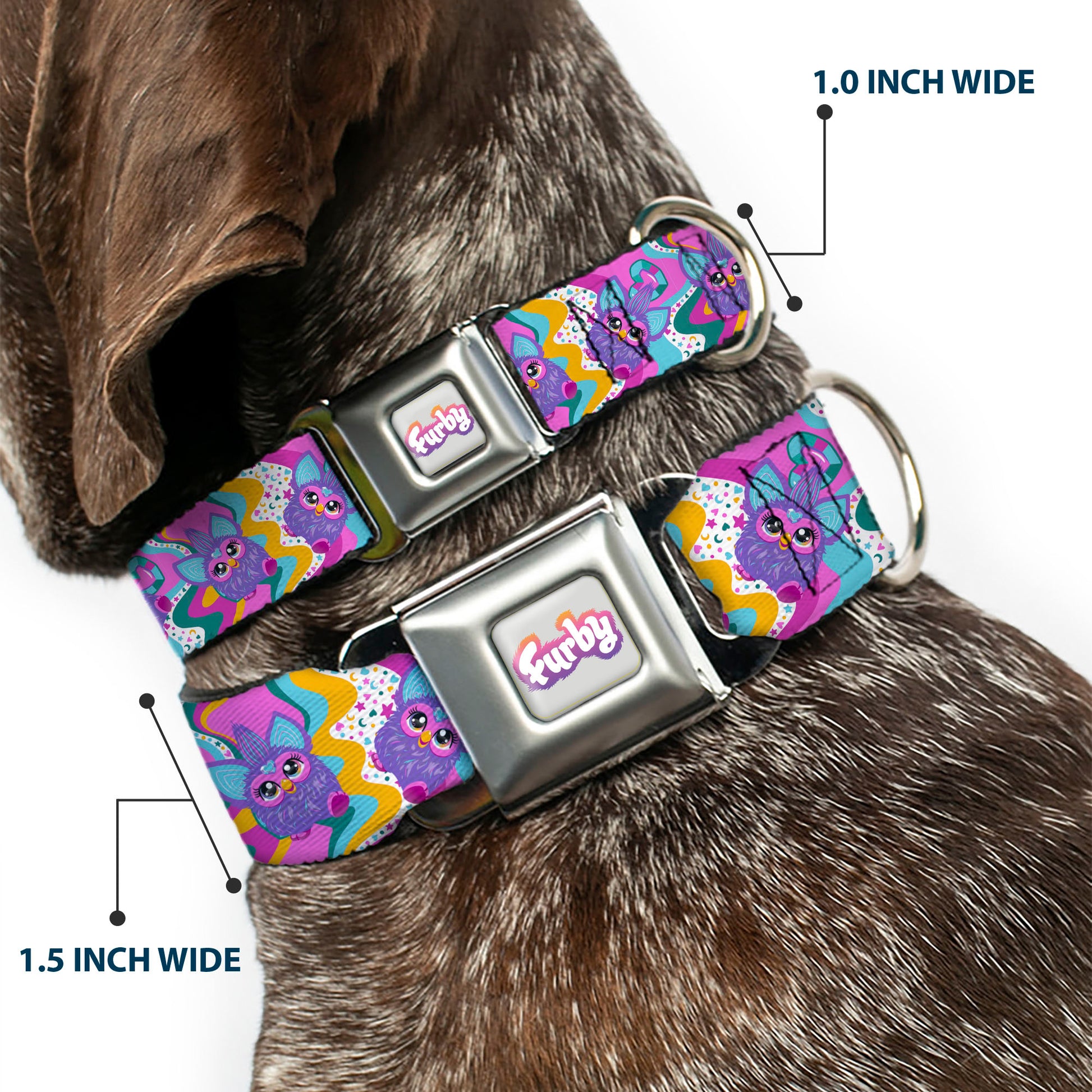 FURBY Logo Full Color Gray/Multi Color Seatbelt Buckle Collar - Furby Purple Dancing Pose Collage Multi Color Seatbelt Buckle Collars Furby